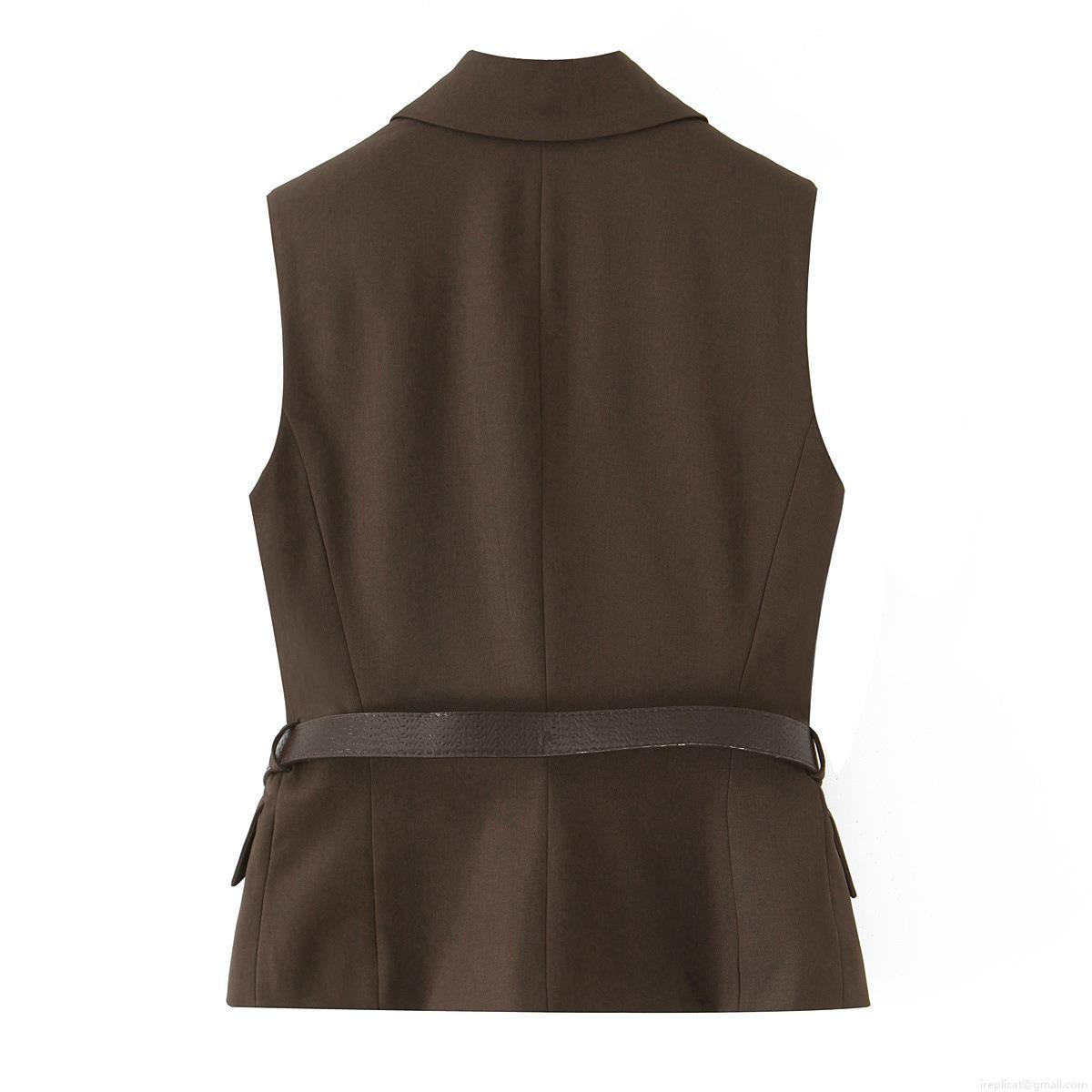 Women\'s 2-Piece Business Casual Vest And Pants Set Belted Double Breasted Waistcoat Solid Dark Brown Straight Leg Trousers Office Commute Outfit