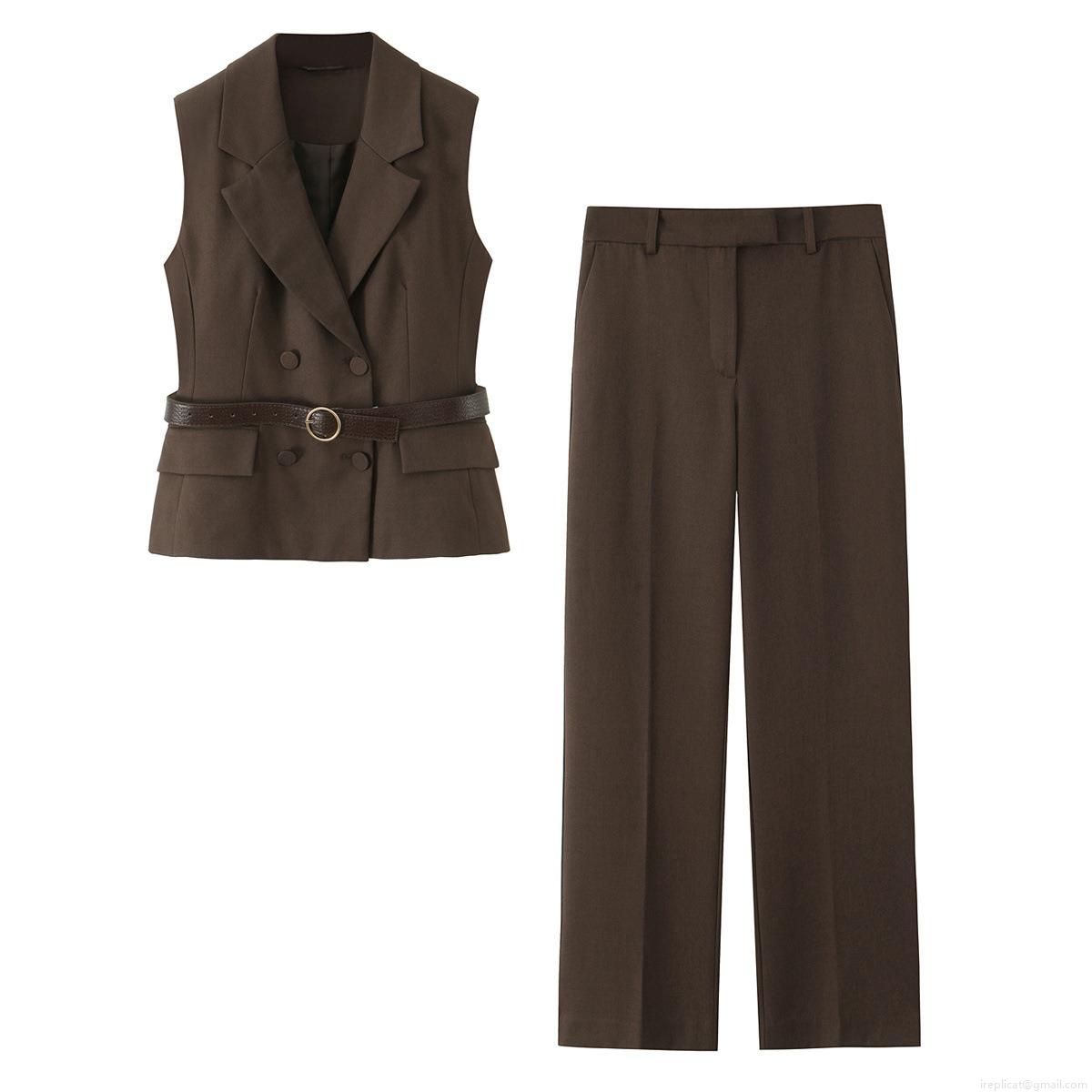 Women\'s 2-Piece Business Casual Vest And Pants Set Belted Double Breasted Waistcoat Solid Dark Brown Straight Leg Trousers Office Commute Outfit
