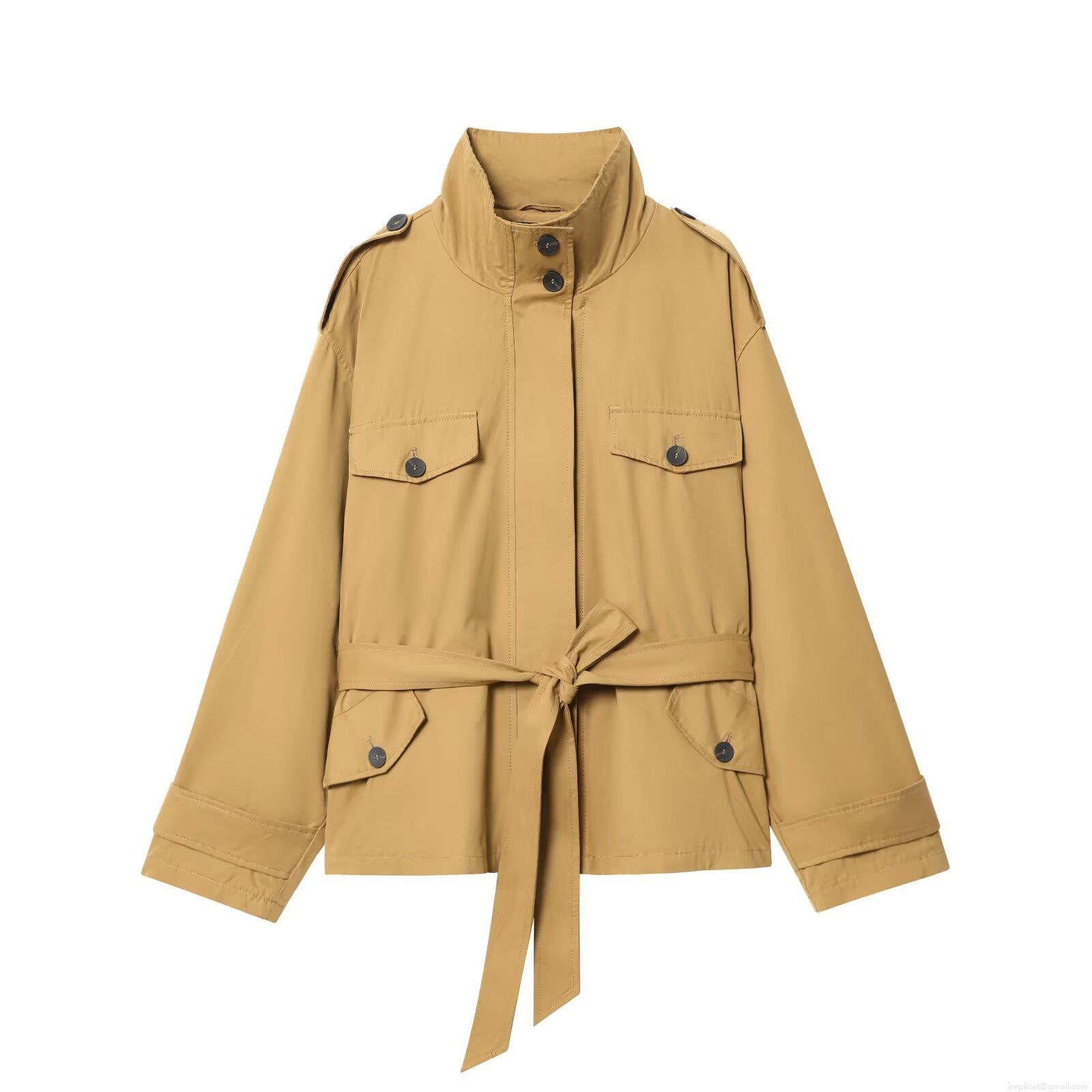 Women Fall Streetwear Polyester Short Trench Coat And Skort Set With Waist Belt Utility Multi-Pocket Khaki Two Piece Outfit