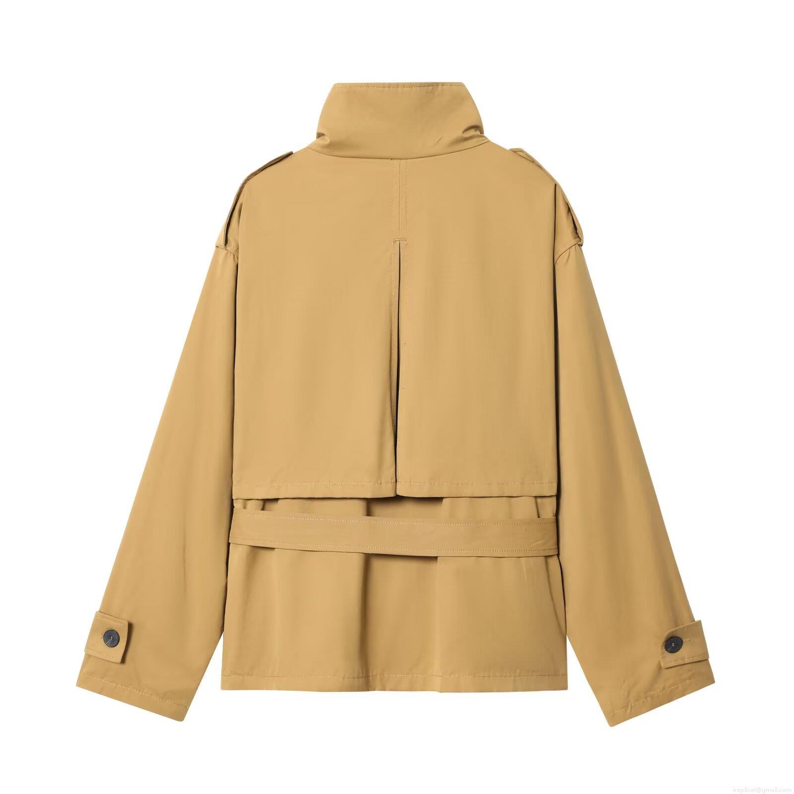 Women Fall Streetwear Polyester Short Trench Coat And Skort Set With Waist Belt Utility Multi-Pocket Khaki Two Piece Outfit