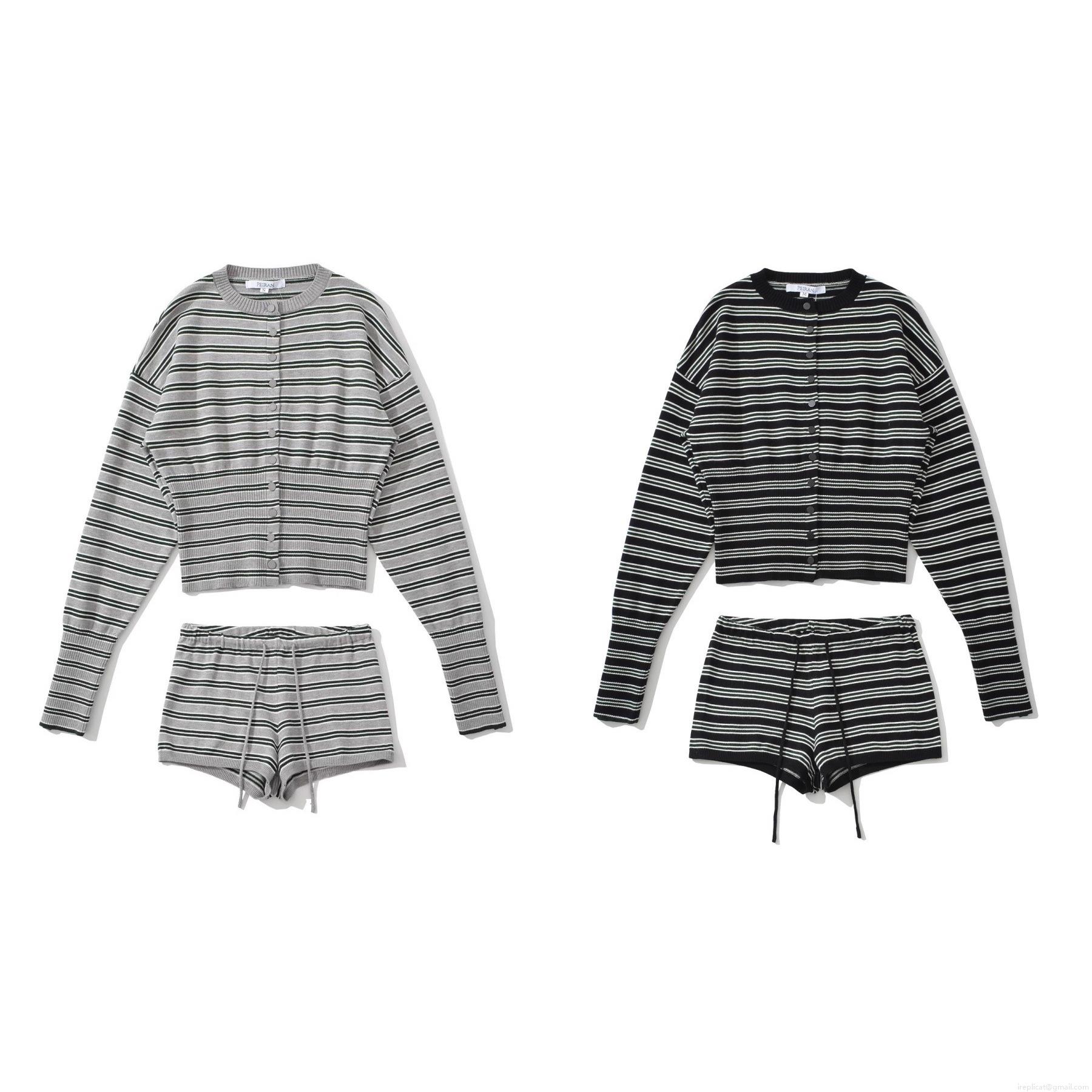 Women's Casual Striped Knitted Two Piece Set Long Sleeve Button Up Cardigan And Drawstring Shorts Knitwear Loungewear Suit For Autumn Streetwear Women's Casual Striped Knitted Two Piece Set Long Sleeve Button Up Cardigan And Drawstring Shorts Knitwear Loungewear Suit For Autumn Streetwear