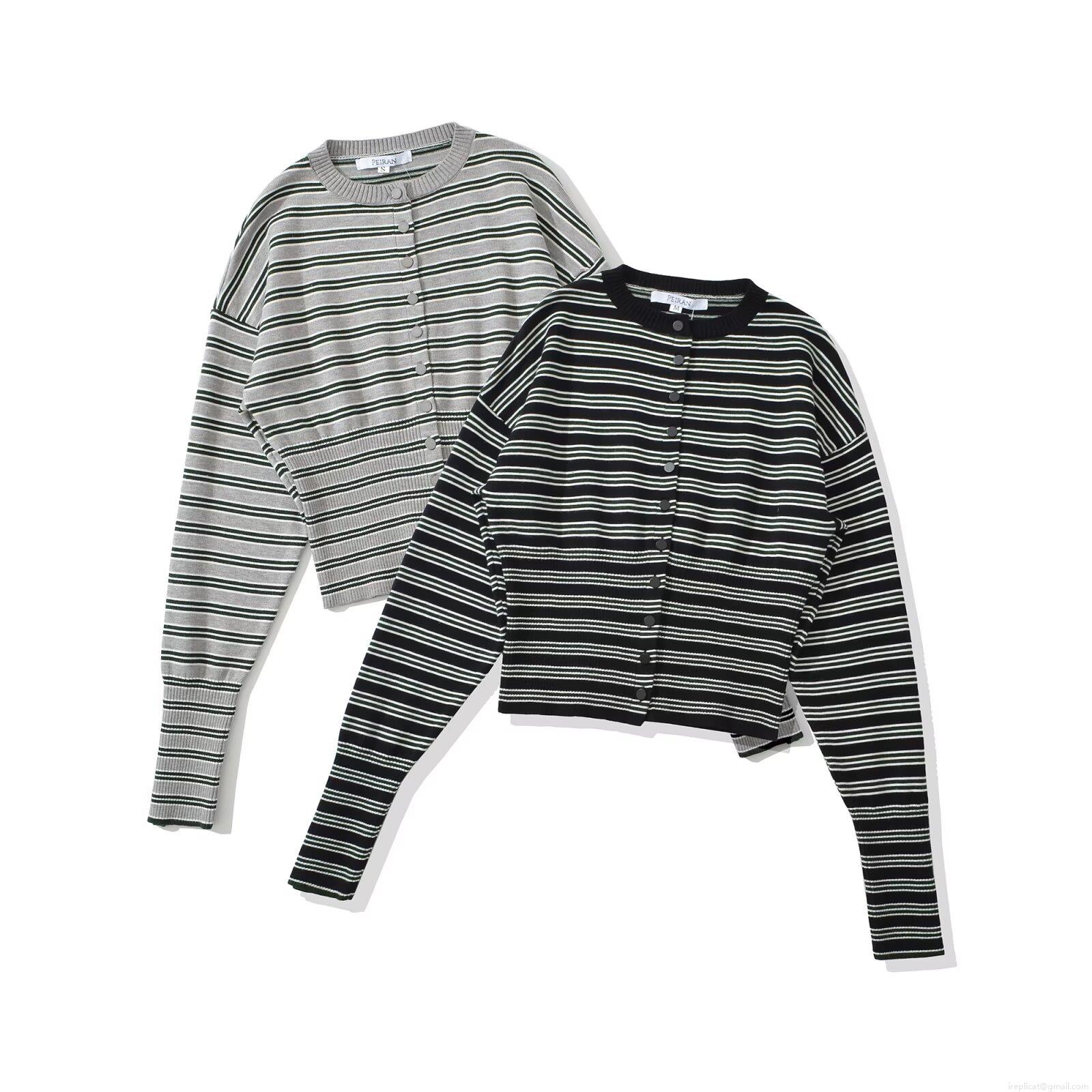 Women\'s Casual Striped Knitted Two Piece Set Long Sleeve Button Up Cardigan And Drawstring Shorts Knitwear Loungewear Suit For Autumn Streetwear