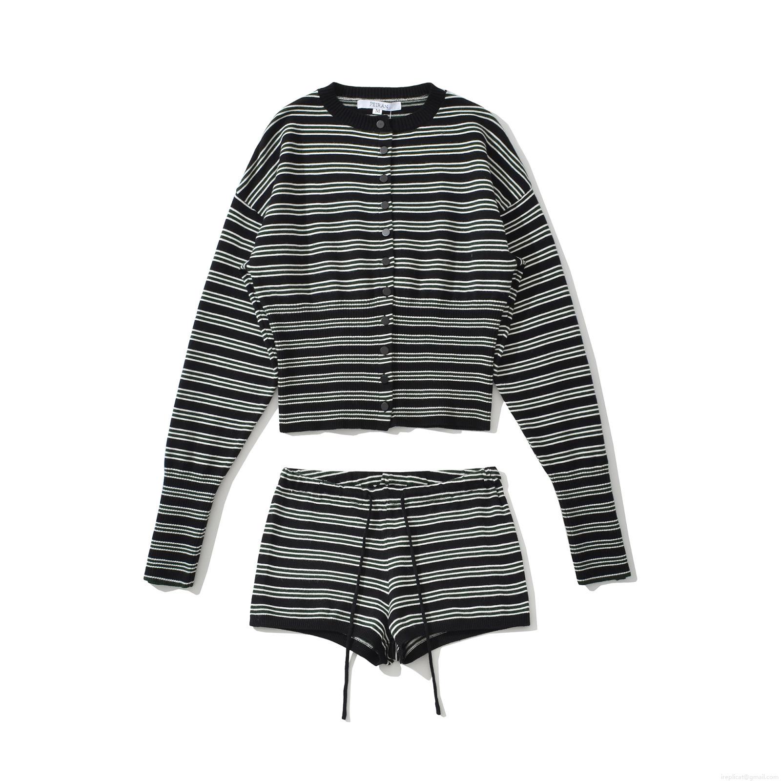 Women\'s Casual Striped Knitted Two Piece Set Long Sleeve Button Up Cardigan And Drawstring Shorts Knitwear Loungewear Suit For Autumn Streetwear