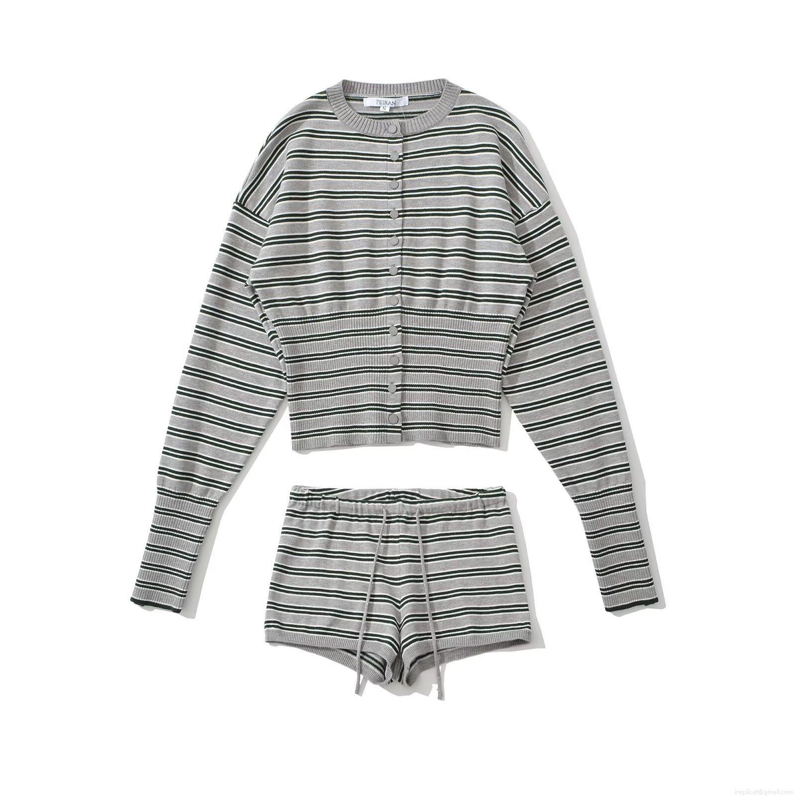 Women\'s Casual Striped Knitted Two Piece Set Long Sleeve Button Up Cardigan And Drawstring Shorts Knitwear Loungewear Suit For Autumn Streetwear