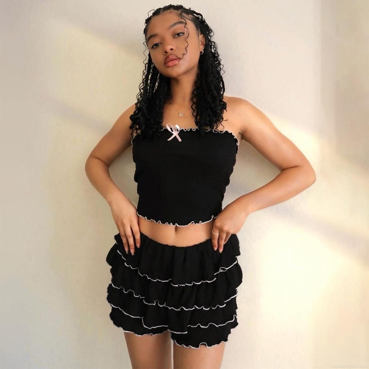 Women Sexy Black Two-Piece Skirt Set Pleated Tube Top And Ruffle Mini Skirt With Pink Bow Detail Summer Vacation Y2K Style Co-ord Outfits