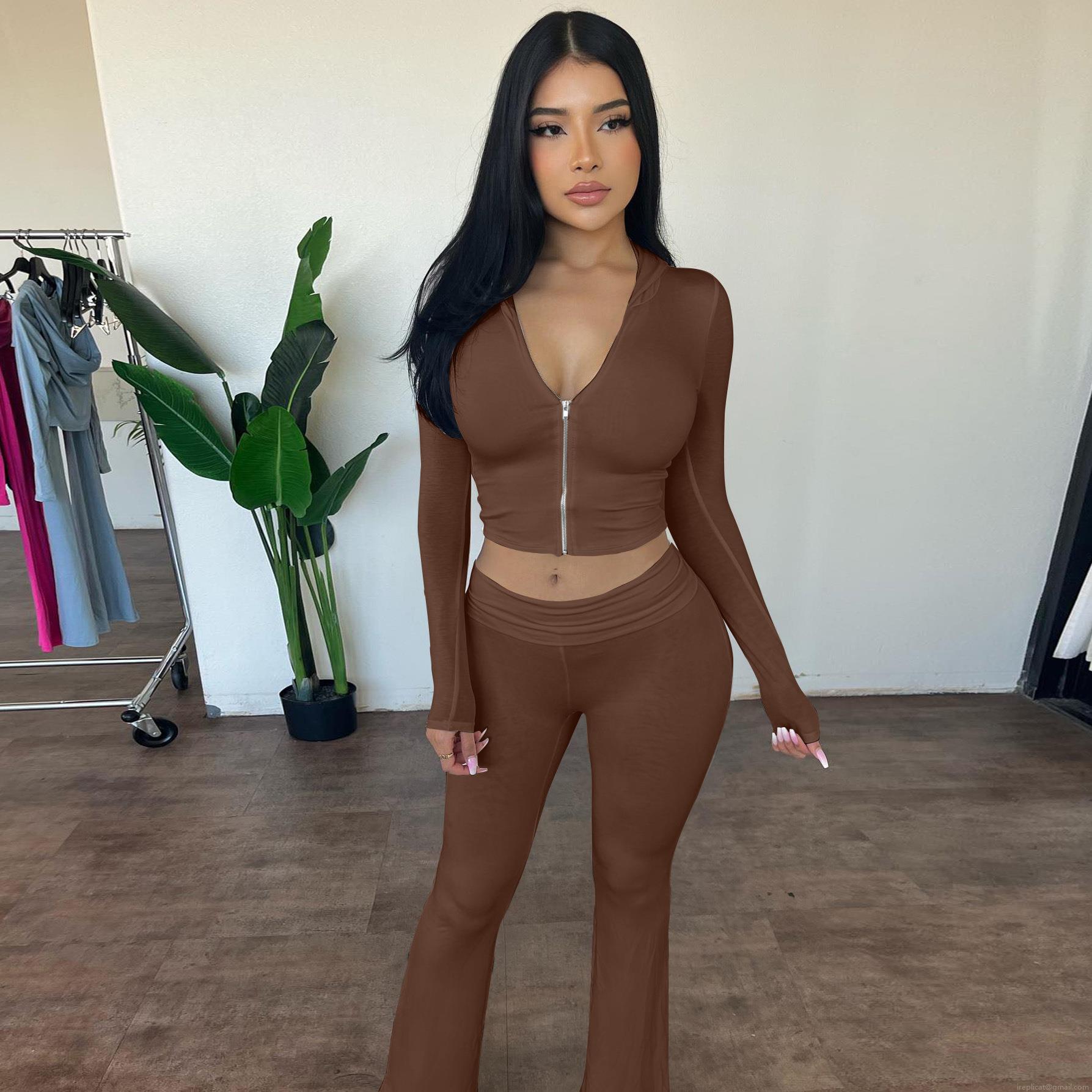 Women's Winter Hooded Zip-Up Top And Flare Pants Set 2 Piece Ribbed Solid Color Slim Fit Tracksuit Streetwear Outfits Polyester Spandex Women's Winter Hooded Zip-Up Top And Flare Pants Set 2 Piece Ribbed Solid Color Slim Fit Tracksuit Streetwear Outfits Polyester Spandex