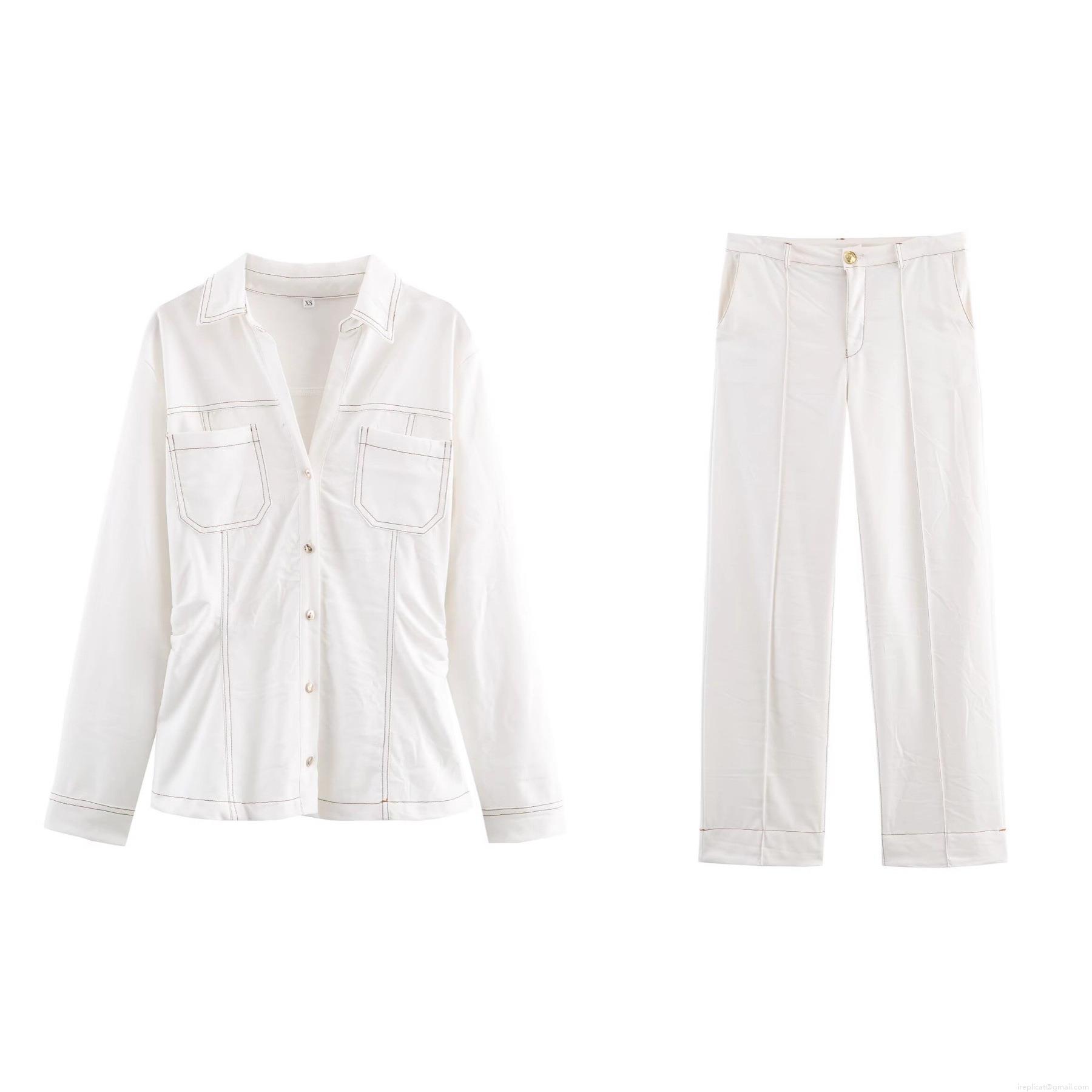 Women's Casual White Contrast Stitching Denim Style Two Piece Set Button Down Shirt Jacket and High Waist Straight Leg Pants Suit Streetwear Women's Casual White Contrast Stitching Denim Style Two Piece Set Button Down Shirt Jacket and High Waist Straight Leg Pants Suit Streetwear