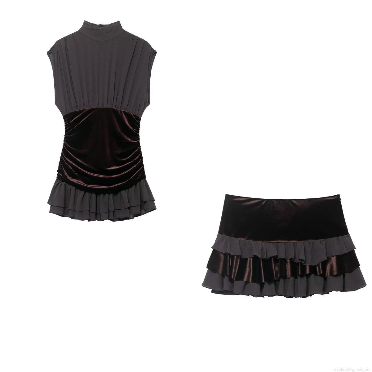 Women's Retro Velvet Chiffon Patchwork Two Piece Set Sleeveless Pleated High Neck Top and Layered Ruffle Mini Skirt Elegant Streetwear Party Outfit