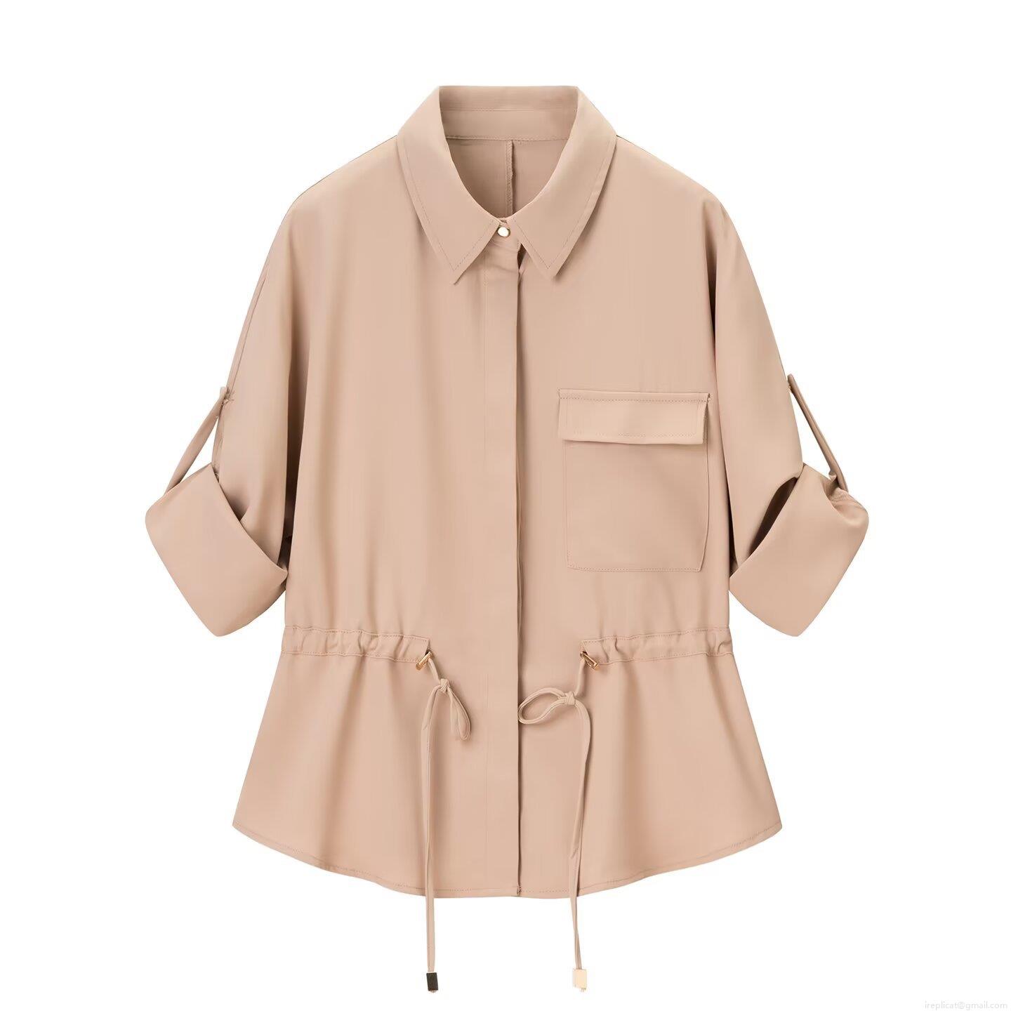 Women\'s Casual Two Piece Outfits Apricot Polyester Twill Shirt Top And Wide Leg Pants Set Street Style Drawstring Waist Co-ord Pants Suits For Women