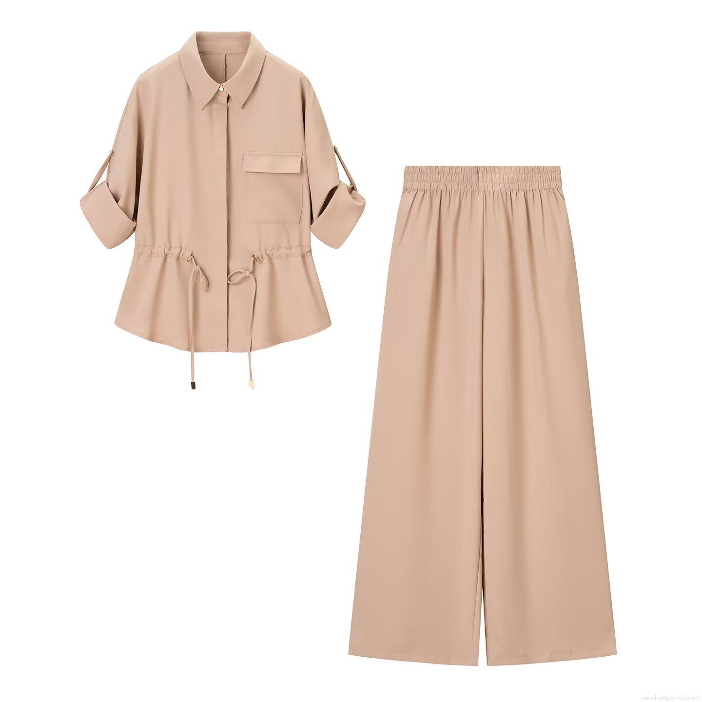 Women\'s Casual Two Piece Outfits Apricot Polyester Twill Shirt Top And Wide Leg Pants Set Street Style Drawstring Waist Co-ord Pants Suits For Women