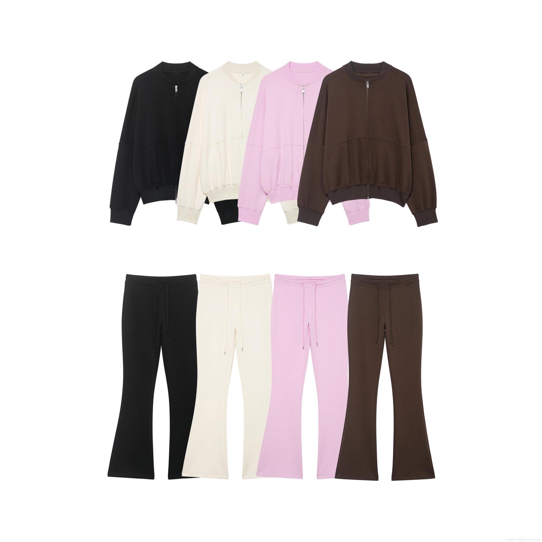 Women\'s 2 Piece Outfits Solid Color Polyester Zipper Jacket And High Waist Drawstring Flare Pants Set Casual Streetwear Autumn Winter Tracksuit