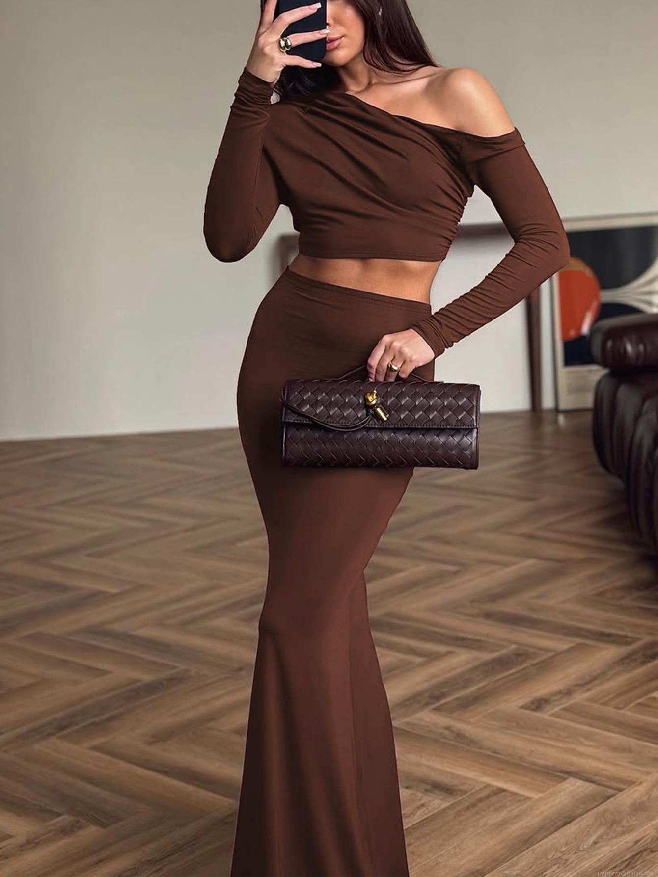 Women\'s Two Piece Skirt Set Long Sleeve Off Shoulder Crop Top High Waist Bodycon Maxi Skirt Sexy Elegant Solid Color Outfits