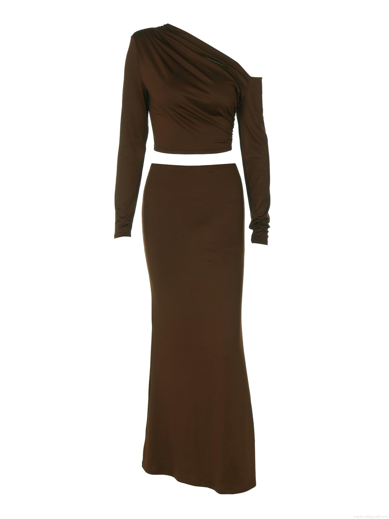 Women\'s Two Piece Skirt Set Long Sleeve Off Shoulder Crop Top High Waist Bodycon Maxi Skirt Sexy Elegant Solid Color Outfits