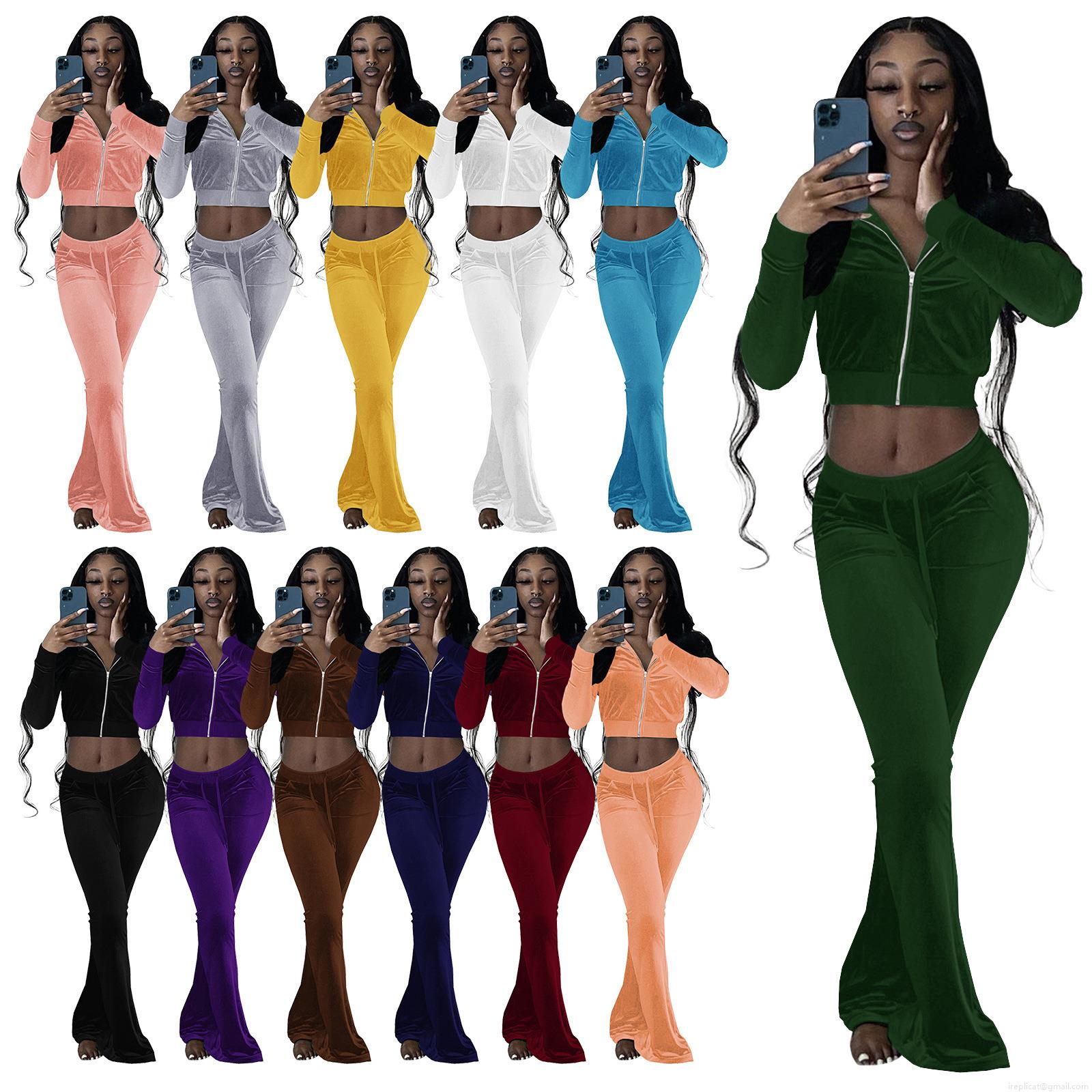 Women's 2 Piece Velvet Tracksuit Set Solid Color Long Sleeve Crop Zip Hoodie and High Waisted Flare Pants Slim Fit Lounge Outfit Sweatsuit for Women