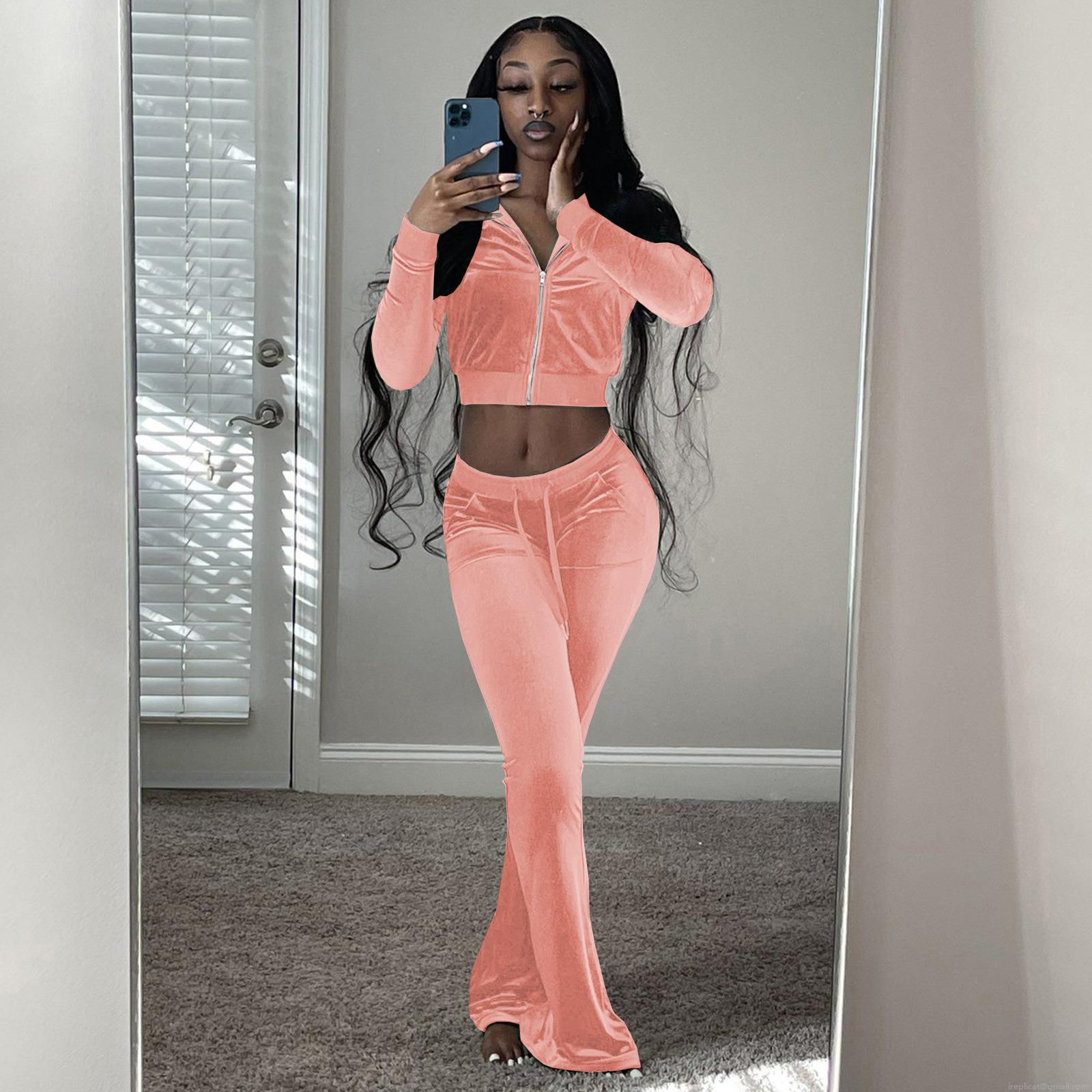 Women\'s 2 Piece Velvet Tracksuit Set Solid Color Long Sleeve Crop Zip Hoodie and High Waisted Flare Pants Slim Fit Lounge Outfit Sweatsuit for Women