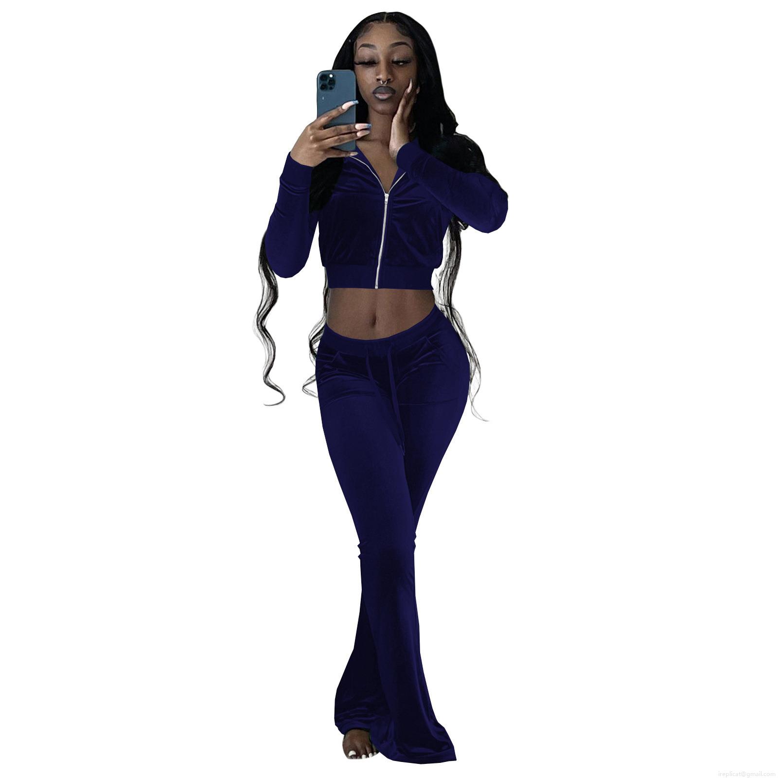 Women\'s 2 Piece Velvet Tracksuit Set Solid Color Long Sleeve Crop Zip Hoodie and High Waisted Flare Pants Slim Fit Lounge Outfit Sweatsuit for Women