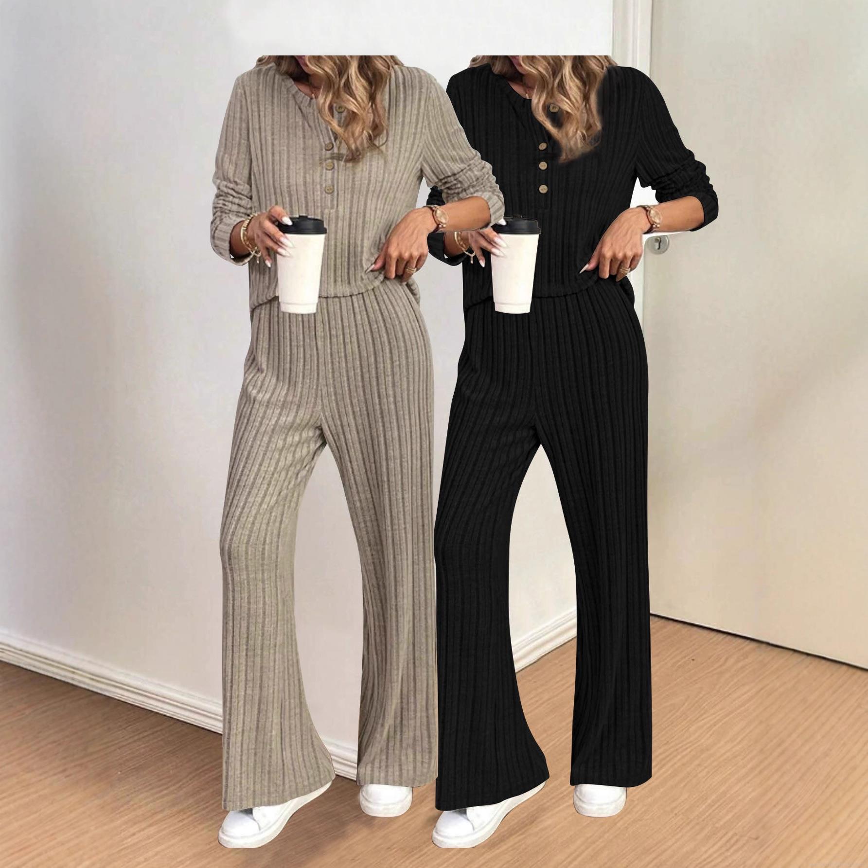 Women Plus Size Autumn Winter Ribbed Knit Two Piece Set Casual Button Long Sleeve Top and High Waist Wide Leg Pants Loungewear Co-ord Set Outfit