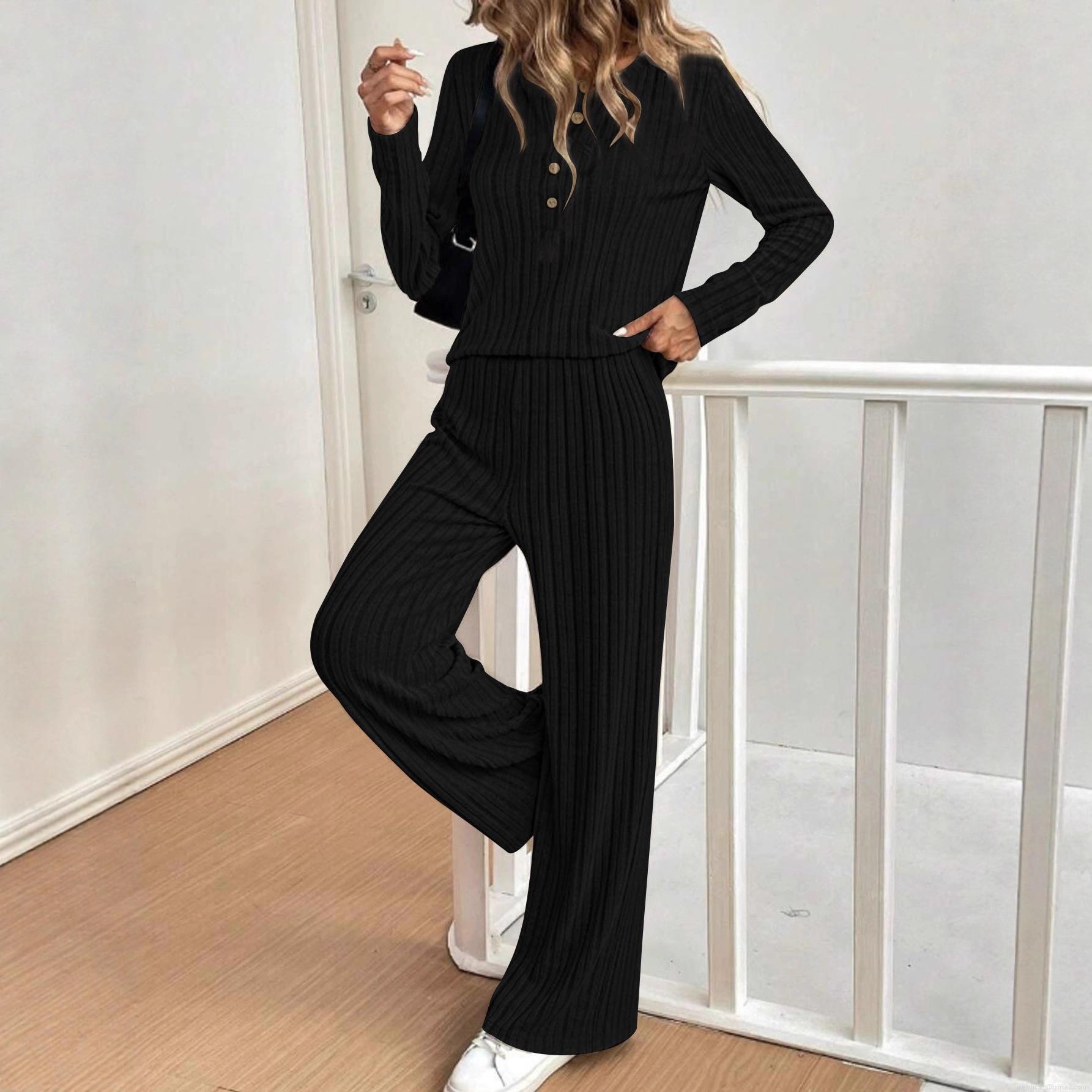 Women Plus Size Autumn Winter Ribbed Knit Two Piece Set Casual Button Long Sleeve Top and High Waist Wide Leg Pants Loungewear Co-ord Set Outfit