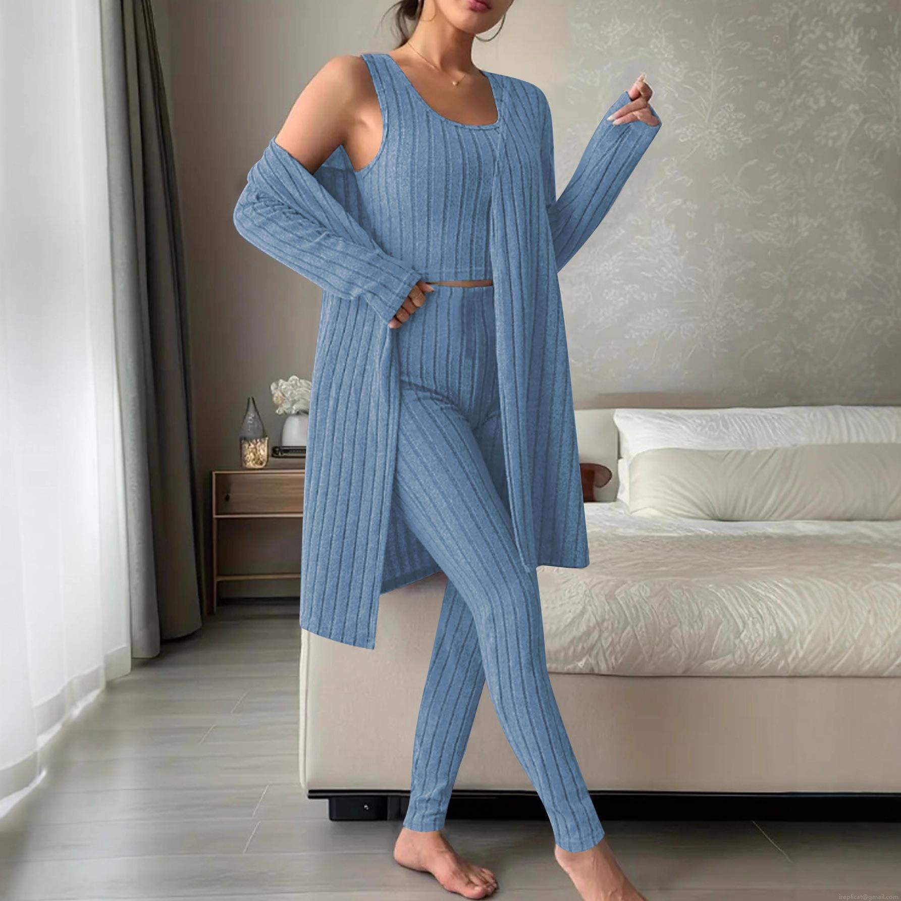 Women\'s 3-Piece Ribbed Knit Loungewear Set Plus Size Open Front Cardigan Tank Top And High Waist Pants Casual Home Suits For Autumn Winter