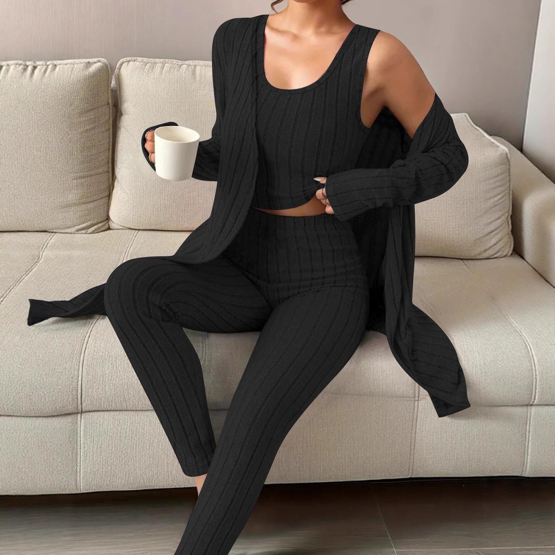 Women\'s 3-Piece Ribbed Knit Loungewear Set Plus Size Open Front Cardigan Tank Top And High Waist Pants Casual Home Suits For Autumn Winter