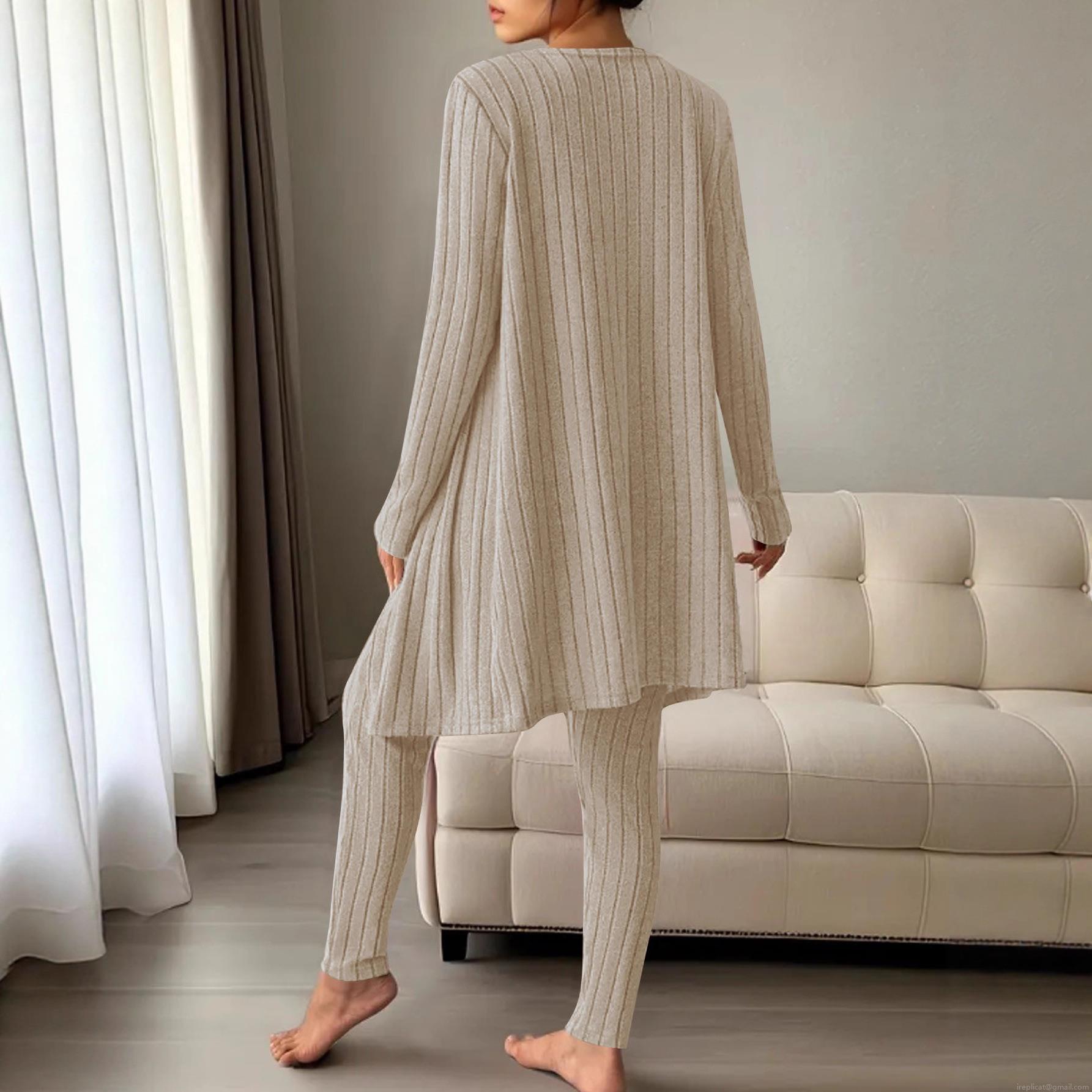 Women\'s 3-Piece Ribbed Knit Loungewear Set Plus Size Open Front Cardigan Tank Top And High Waist Pants Casual Home Suits For Autumn Winter