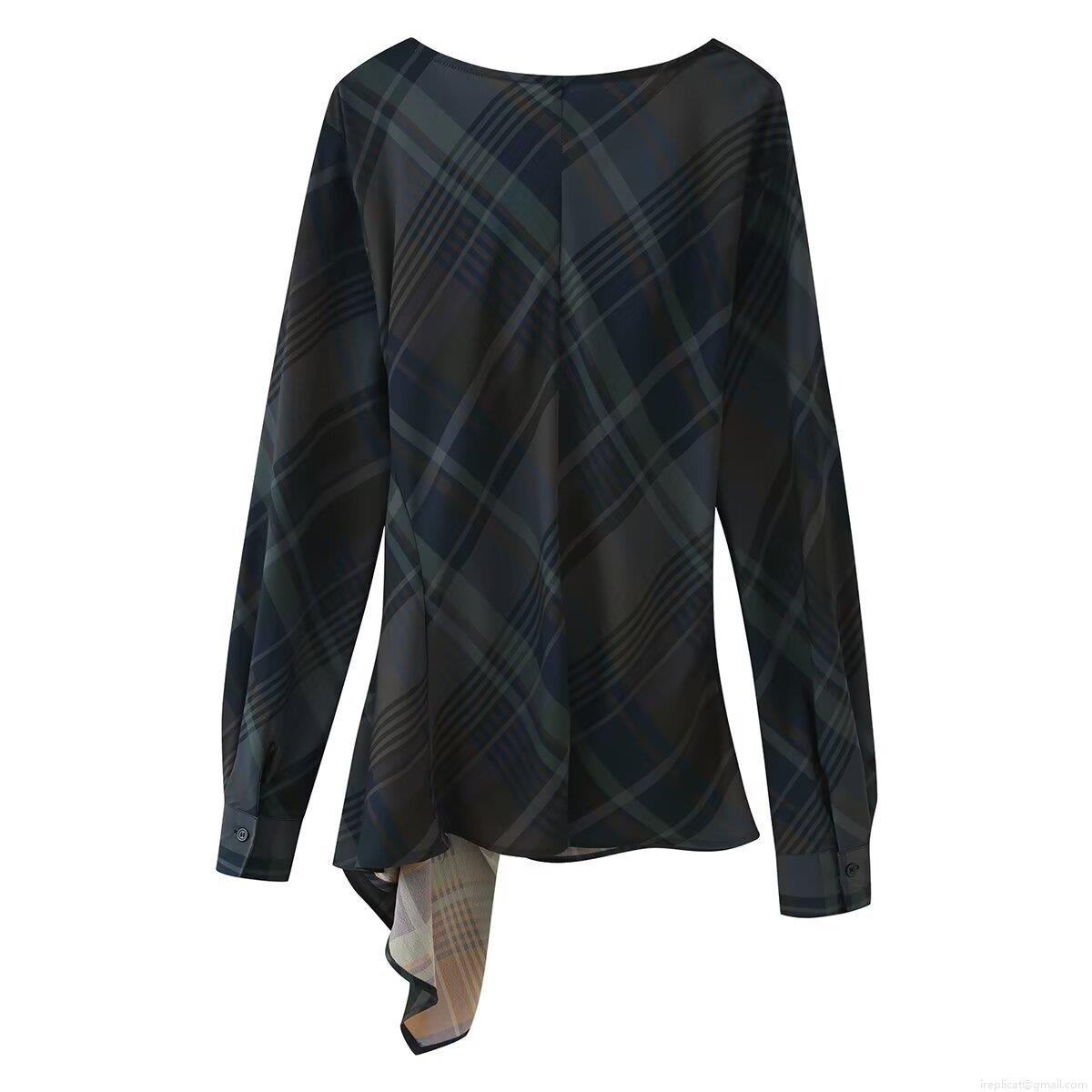 Women\'s Plaid Two Piece Set Draped Neck Asymmetric Hem Long Sleeve Top And Loose Straight Leg Pants Casual Fashion Plaid Outfits For Women