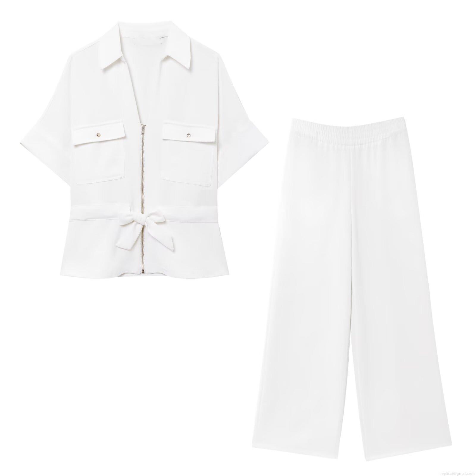 Women's Two Piece Set Short Sleeve Zipper Shirt and Wide Leg Pants With Bow Belt Casual Office Solid Color Crepe Fabric Outfit Trousers Suits For Ladies