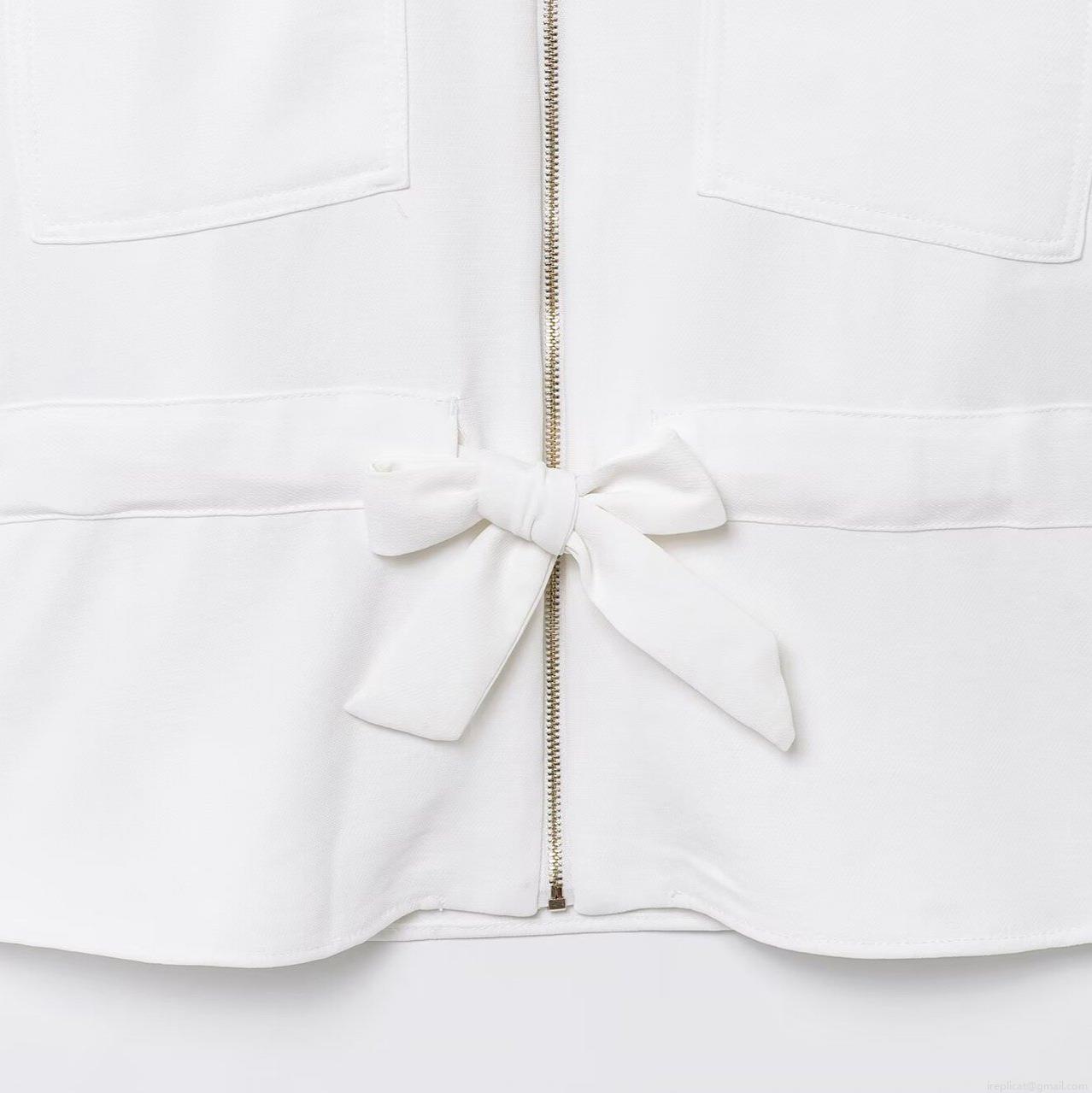 Women\'s Two Piece Set Short Sleeve Zipper Shirt and Wide Leg Pants With Bow Belt Casual Office Solid Color Crepe Fabric Outfit Trousers Suits For Ladies