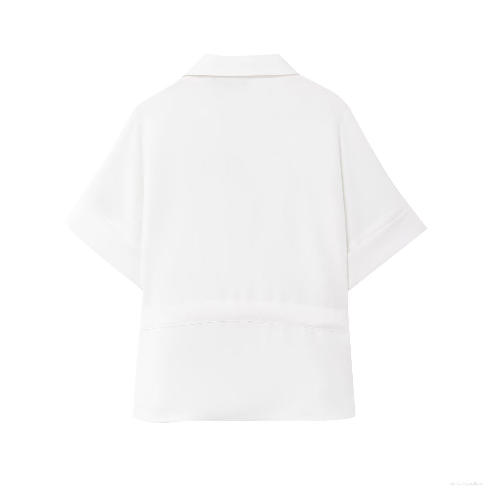 Women\'s Two Piece Set Short Sleeve Zipper Shirt and Wide Leg Pants With Bow Belt Casual Office Solid Color Crepe Fabric Outfit Trousers Suits For Ladies