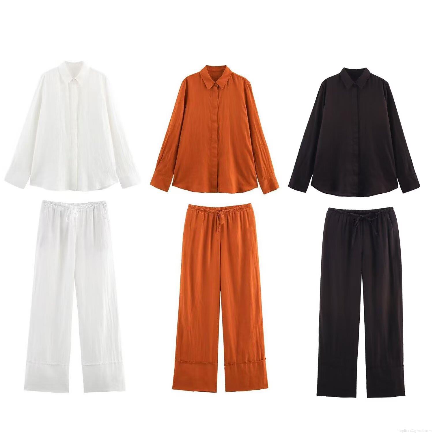 Women's Casual Linen Blend Long Sleeve Shirt And Wide Leg Pants Two Piece Set Summer Fashion Solid Color Loose Breathable Outfit For Ladies Daily Wear