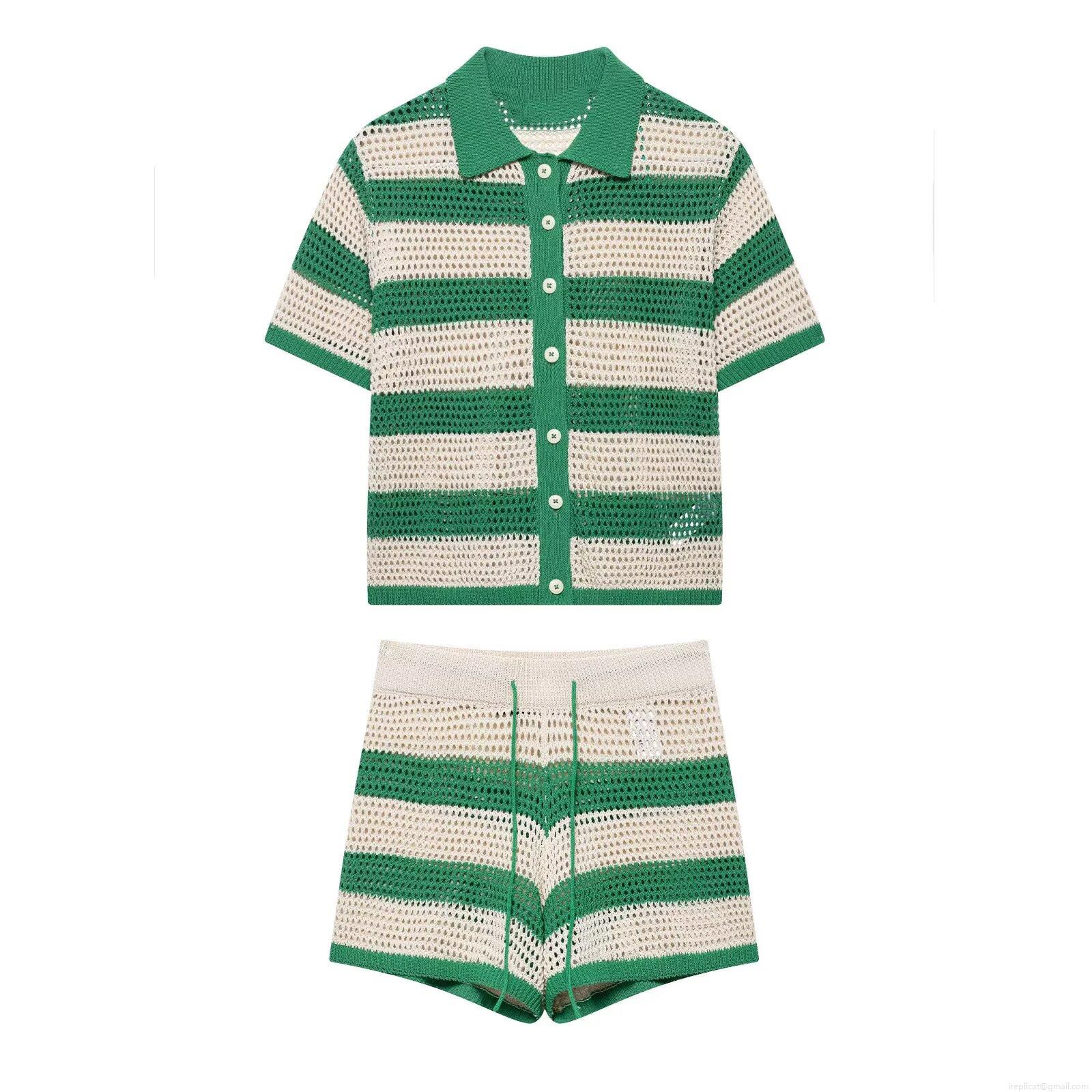 Women's Summer Casual Knitted Striped Polo Shirt And Shorts Two Piece Set Hollow Out Crochet Short Sleeve Top Breathable Vacation Outfit Women's Summer Casual Knitted Striped Polo Shirt And Shorts Two Piece Set Hollow Out Crochet Short Sleeve Top Breathable Vacation Outfit