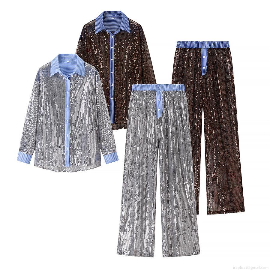 Women's Shiny Sequin Shirt Or Wide Leg Pants Casual Loose Long Sleeve Striped Patchwork Sparkly Two Piece Set Separates For Party Clubwear Women's Shiny Sequin Shirt Or Wide Leg Pants Casual Loose Long Sleeve Striped Patchwork Sparkly Two Piece Set Separates For Party Clubwear