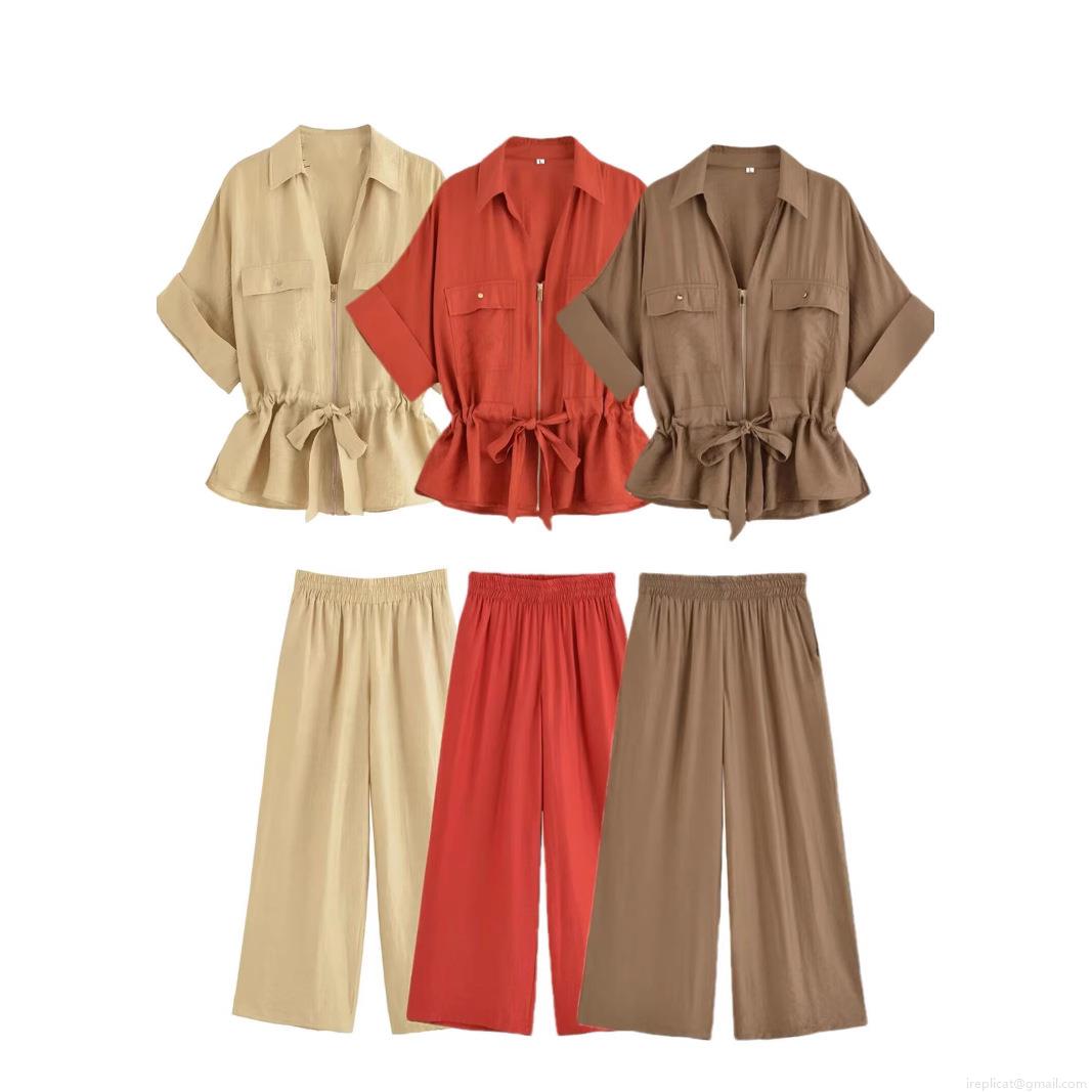 Women's Casual Two-Piece Set Short Sleeve Zipper Shirt with Drawstring Waist and Wide Leg Pants Summer Comfortable Loose Cotton Blend Fashion Suit