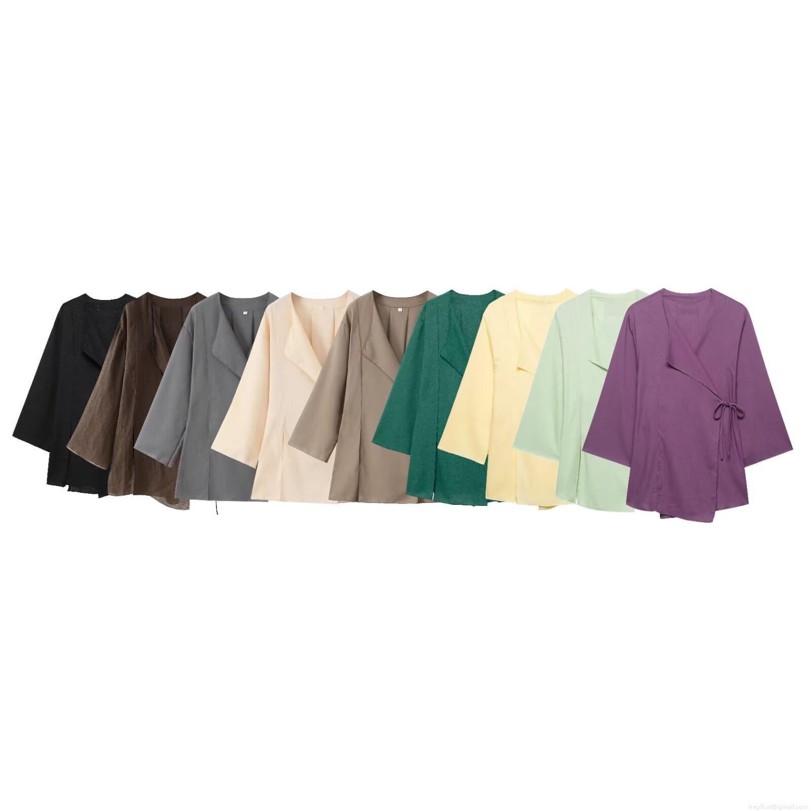Women's Summer Kimono Wrap Top and Wide Leg Pants Two Piece Set 100% Polyester Linen Texture Casual Loose Solid Color Long Sleeve Jacket and Elastic Waist Trousers Lounge Wear