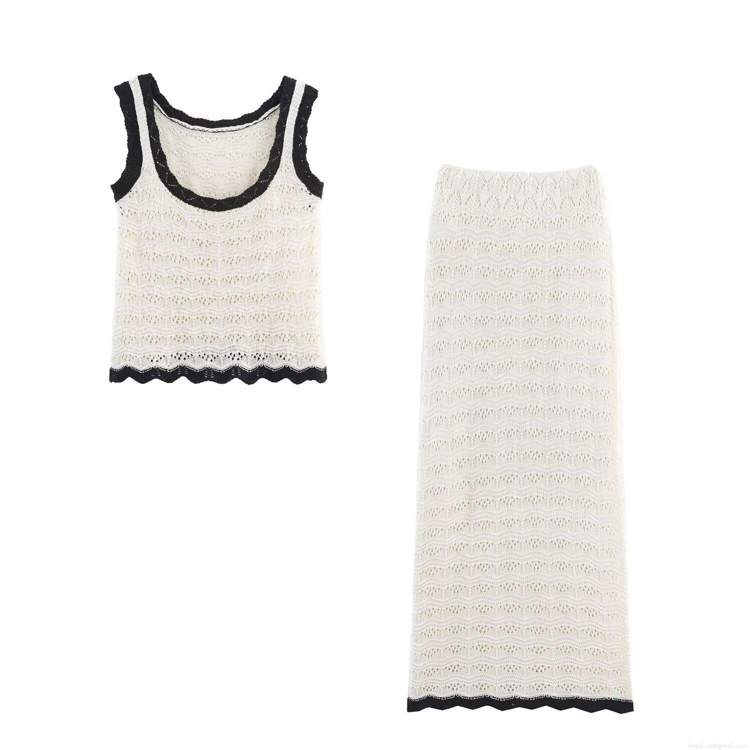 Women Sweet Style 2-Piece Knitted Set Hollow Out Sleeveless Tank Top and Midi Skirt Summer Fashion Wave Trim Polyester Two Piece Outfit for Women