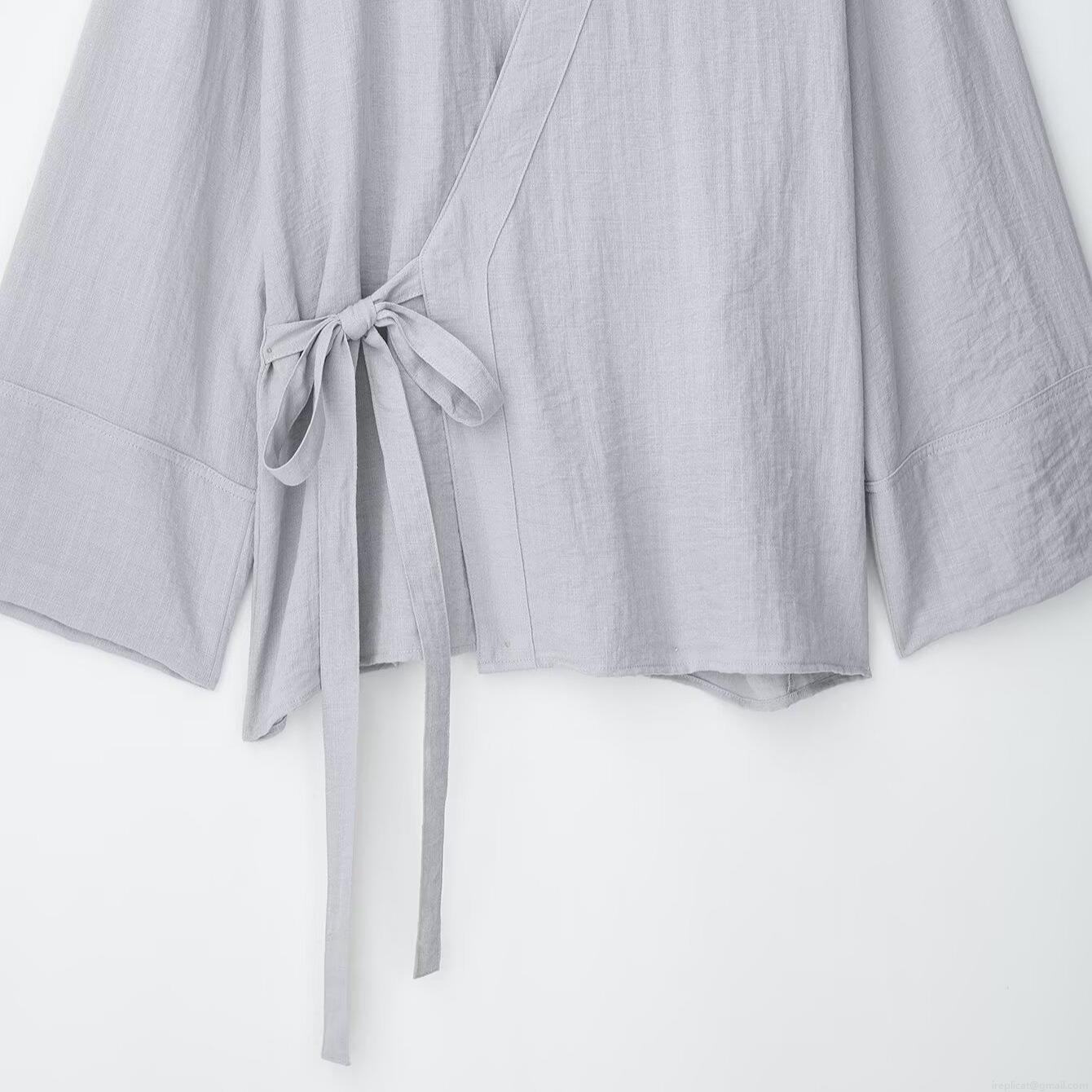Women\'s Casual Kimono Style Loungewear Set 100% Polyester Cotton Linen Texture Tie Side Top and Elastic Waist Wide Leg Pants Two Piece Suit for Women