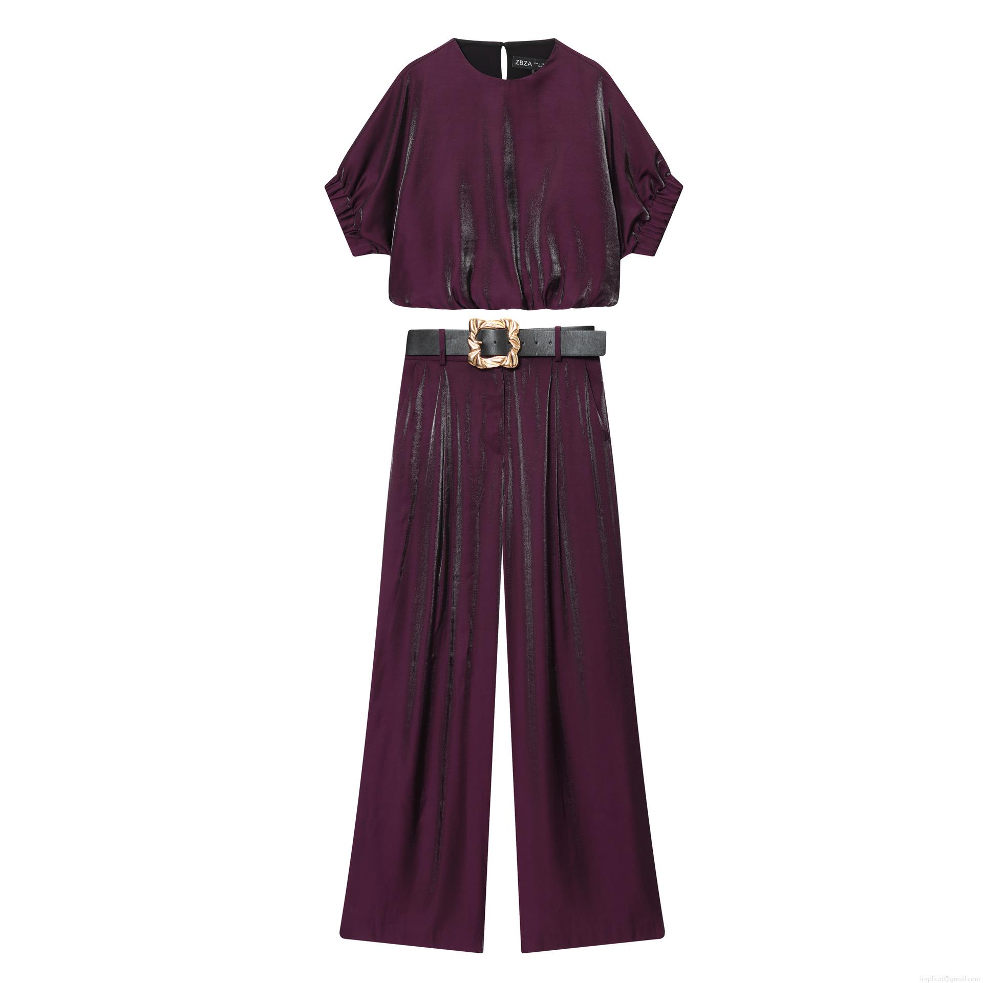 Women's Fashion Satin Metallic 2 Piece Set Short Sleeve Round Neck Balloon Top and High Waist Wide Leg Pants with Belt Casual Party Outfits Women's Fashion Satin Metallic 2 Piece Set Short Sleeve Round Neck Balloon Top and High Waist Wide Leg Pants with Belt Casual Party Outfits