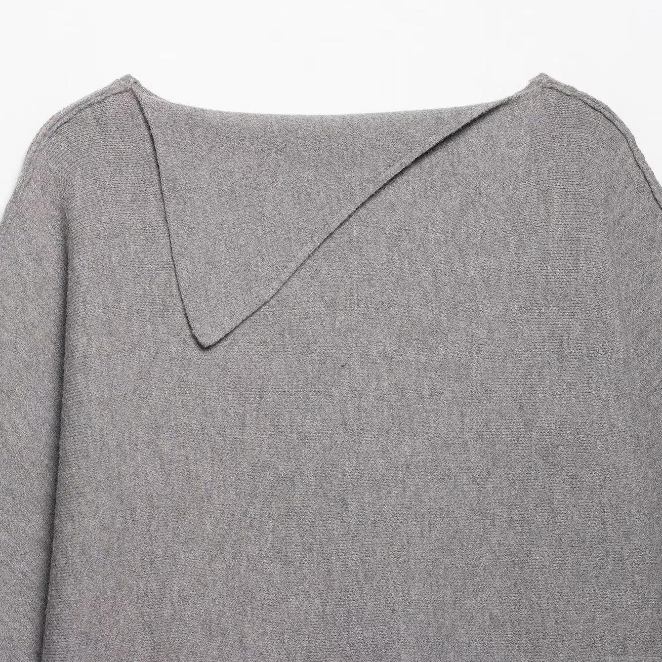 Women\'s Casual Grey Knit Skirt Set Elegant Asymmetrical Folding Collar Long Sleeve Sweater Top And High Waist Straight Midi Skirt 100% Polyester Two Piece Co-ord For Office Daily Wear Autumn Winter