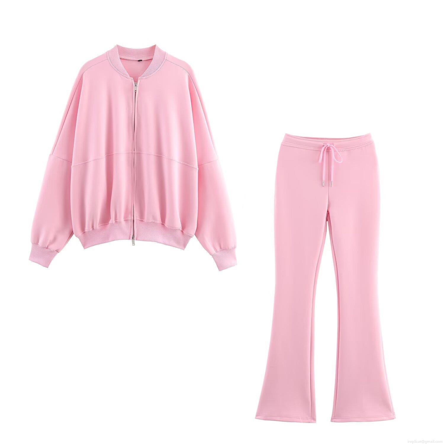 Women's Casual Two Piece Tracksuit Set 85% Cotton Loose Zip Up Stand Collar Jacket And High Waist Drawstring Flare Pants Loungewear Sporty Outfit