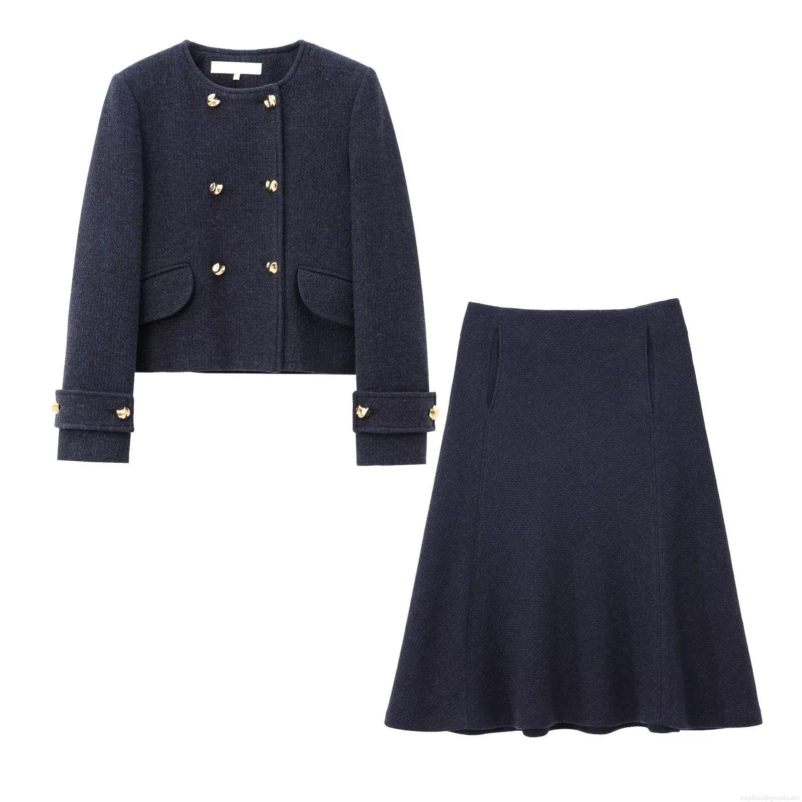 Women's Elegant Navy Blue Tweed Skirt Set Double Breasted Jacket And A-Line Midi Skirt Two Piece Suit For Office Party Commute Fashion Women's Elegant Navy Blue Tweed Skirt Set Double Breasted Jacket And A-Line Midi Skirt Two Piece Suit For Office Party Commute Fashion