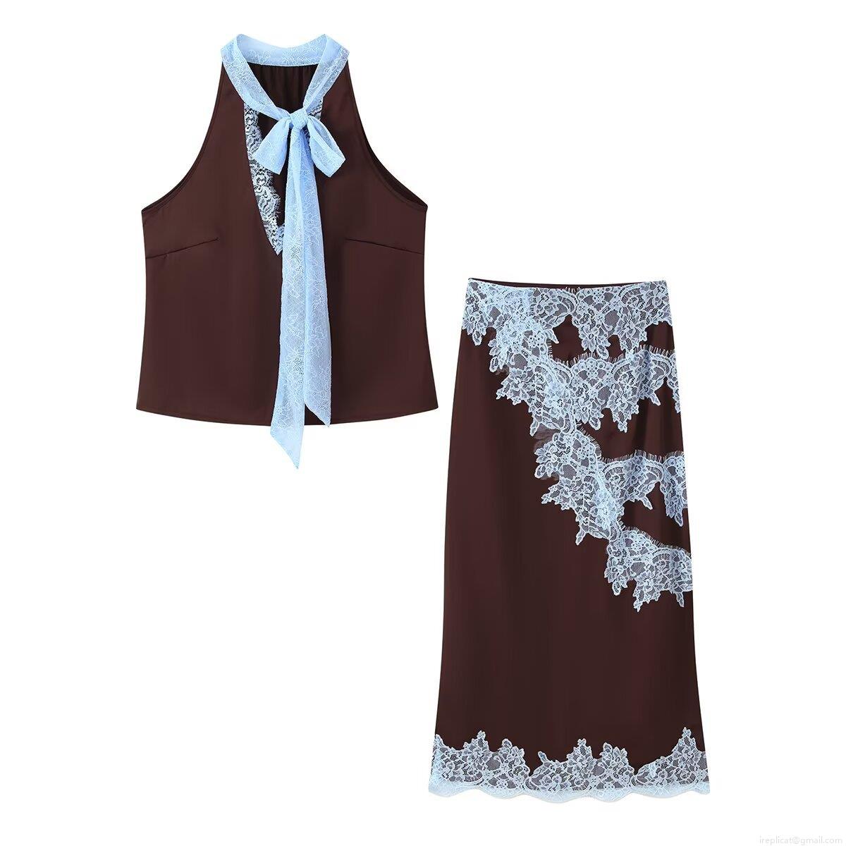 Women's Elegant 2-Piece Set Halter Neck Top And Asymmetric Midi Skirt Lace Splicing Bow Tie Two-Piece Outfit For Party Dating Autumn Fashion Set Women's Elegant 2-Piece Set Halter Neck Top And Asymmetric Midi Skirt Lace Splicing Bow Tie Two-Piece Outfit For Party Dating Autumn Fashion Set