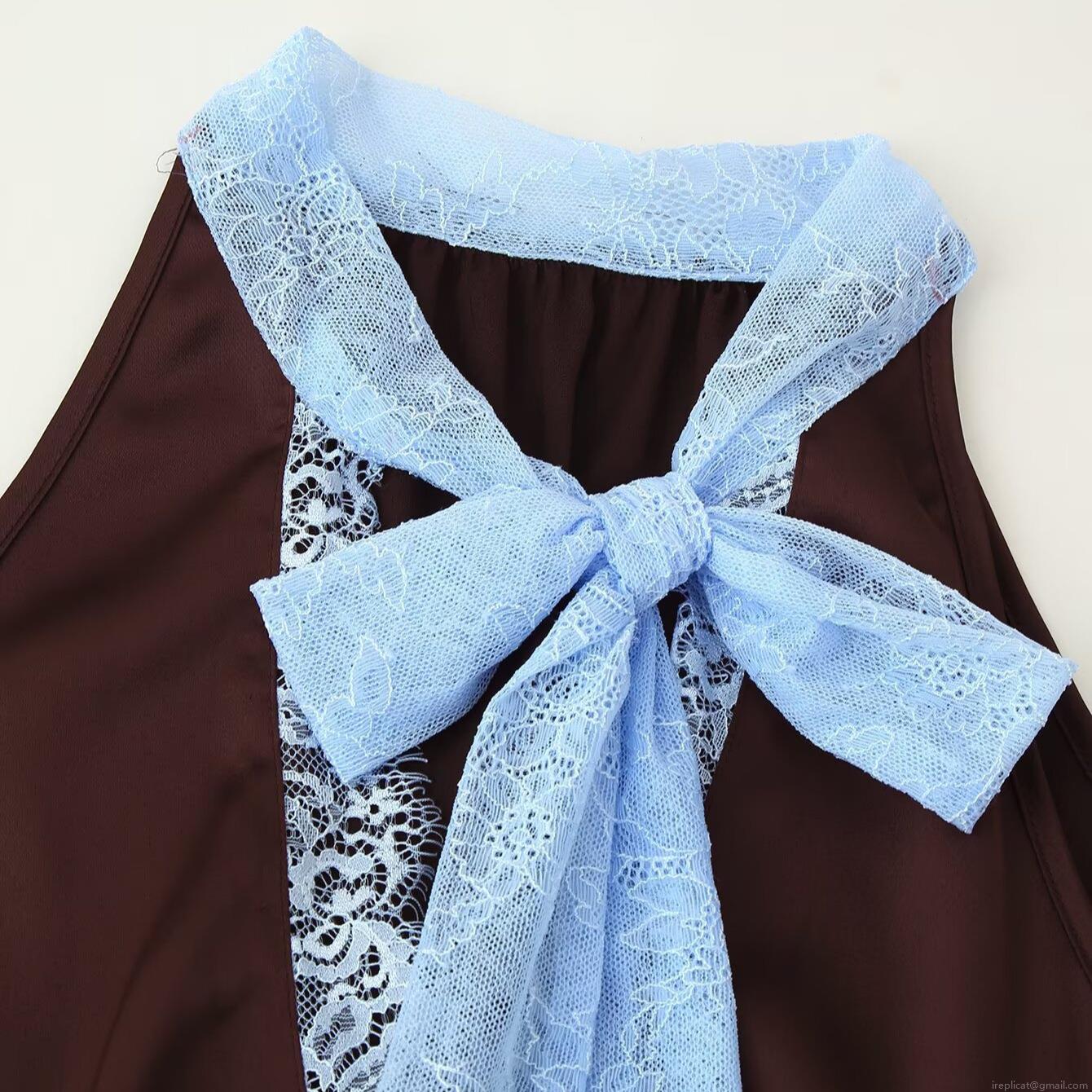 Women\'s Elegant 2-Piece Set Halter Neck Top And Asymmetric Midi Skirt Lace Splicing Bow Tie Two-Piece Outfit For Party Dating Autumn Fashion Set