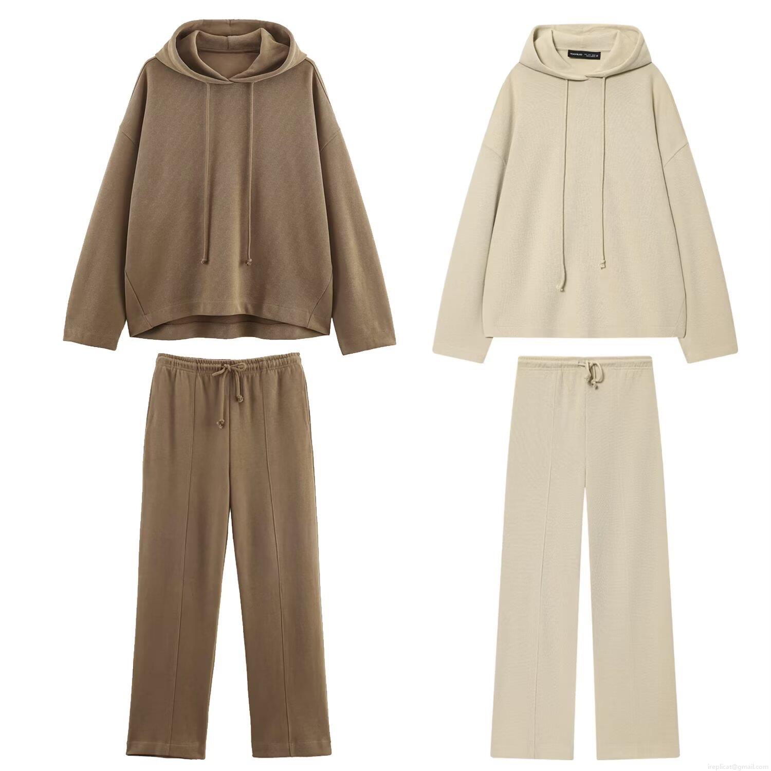 Women's Fashion Soft Hooded Hoodie And Wide Leg Pants Two Piece Set Solid Color Casual Loungewear Autumn Long Sleeve Top And Sweatpants Outfits