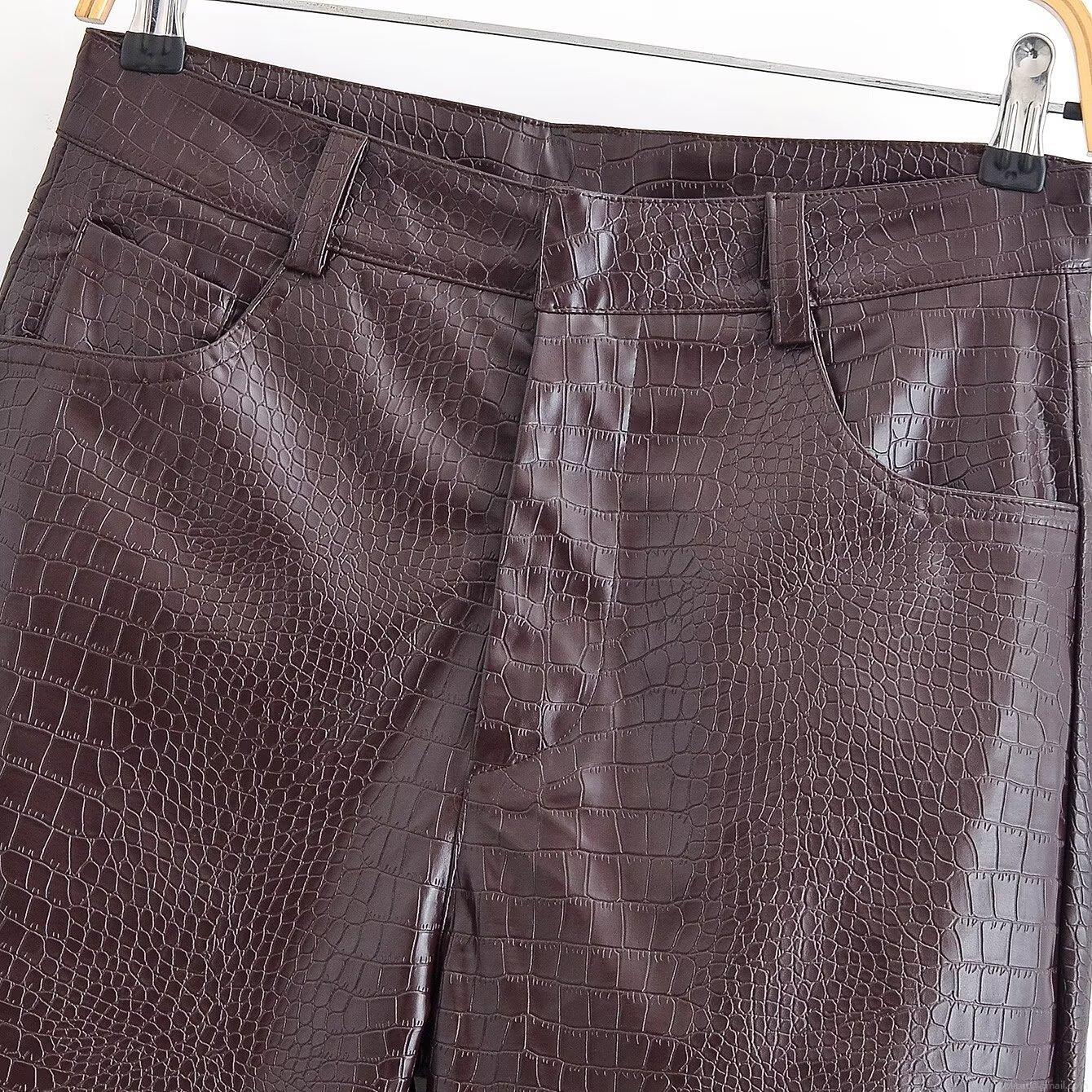 Women\'s Vintage Crocodile Embossed Faux Leather Jacket And Straight Pants Set Two Piece Street Biker Outfit PU Leather Coat Long Trousers For Women Youth