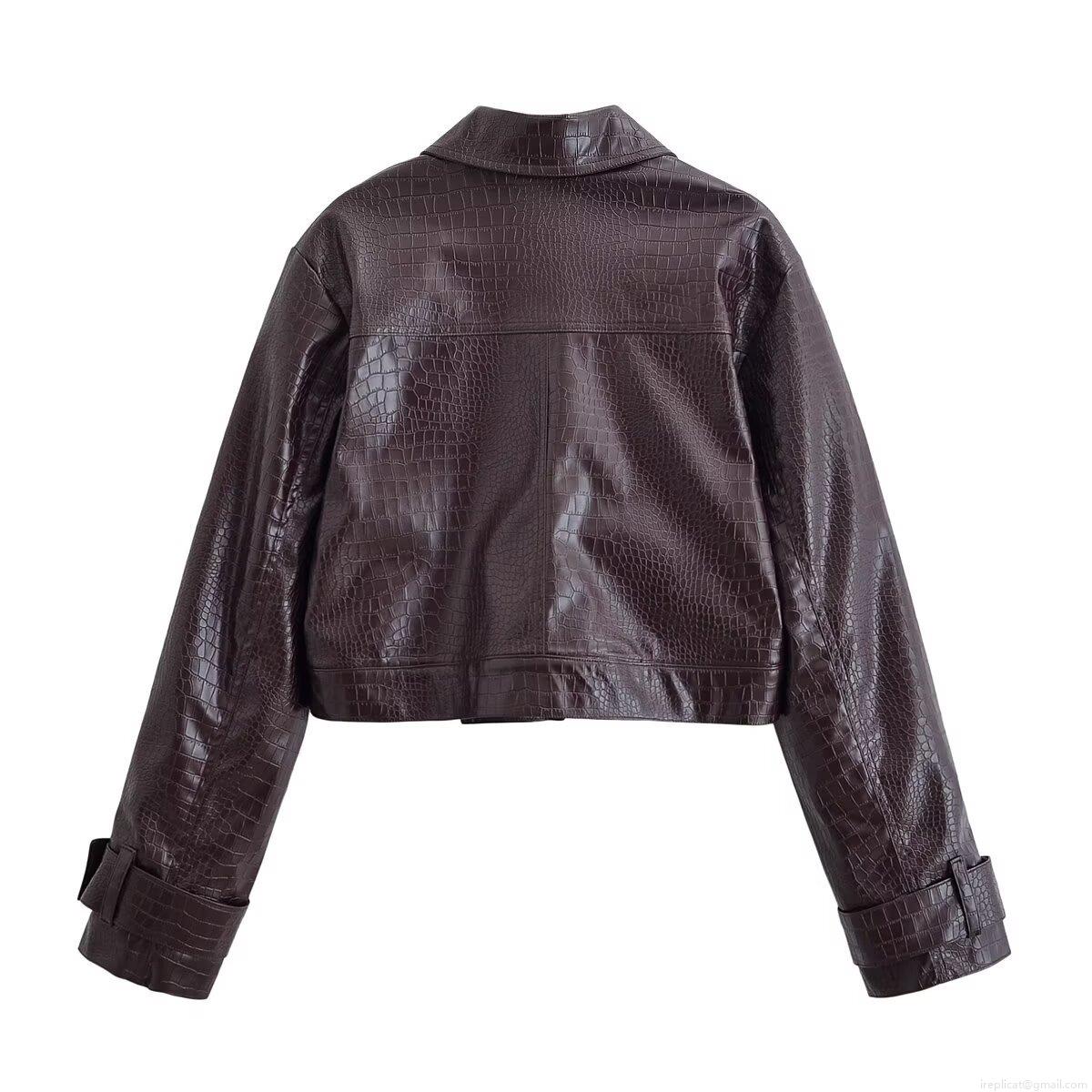 Women\'s Vintage Crocodile Embossed Faux Leather Jacket And Straight Pants Set Two Piece Street Biker Outfit PU Leather Coat Long Trousers For Women Youth