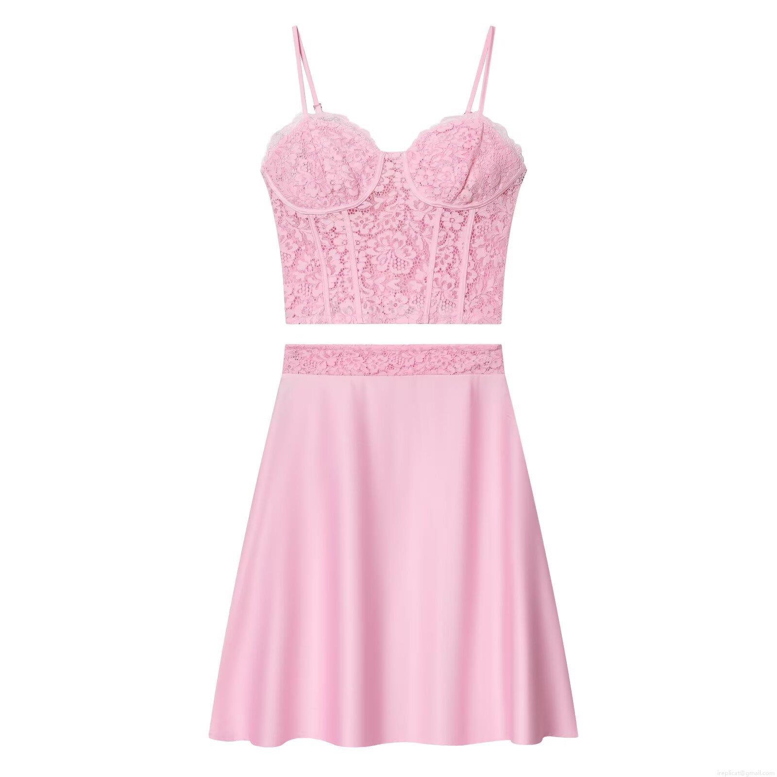 Sexy Pink Lace Corset Cami Top and High Waist Satin Midi Skirt Two Piece Set for Women Party Club Streetwear Outfits