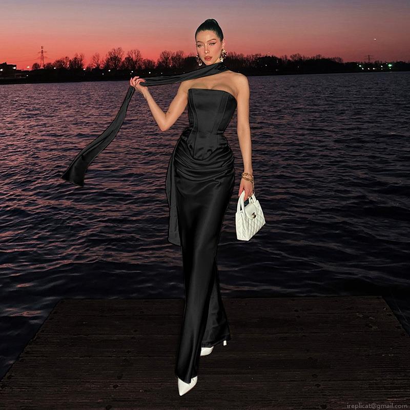 Women\'s Elegant Satin Corset Top and Maxi Fishtail Skirt Two Piece Set Sexy Strapless Bodycon Evening Party Wedding Dress Outfits with Scarf