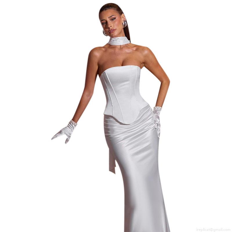 Women\'s Elegant Satin Corset Top and Maxi Fishtail Skirt Two Piece Set Sexy Strapless Bodycon Evening Party Wedding Dress Outfits with Scarf