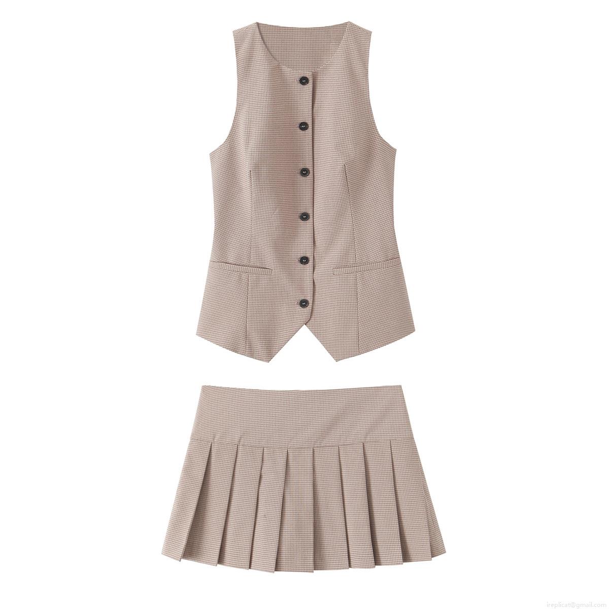 Women\'s 2 Piece Preppy Plaid Vest and Pleated Mini Skirt Set Office Lady Slim Fit Single Breasted Waistcoat Academic Style Outfits Brown Checkered Skirt Suit