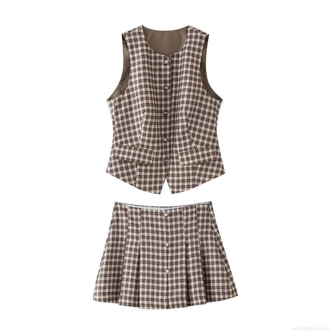 Women's Plaid Vest and Pleated Skirt Set Vintage Preppy Sleeveless Button Up Top High Waist Mini Skirt 2-Piece Outfits for Women